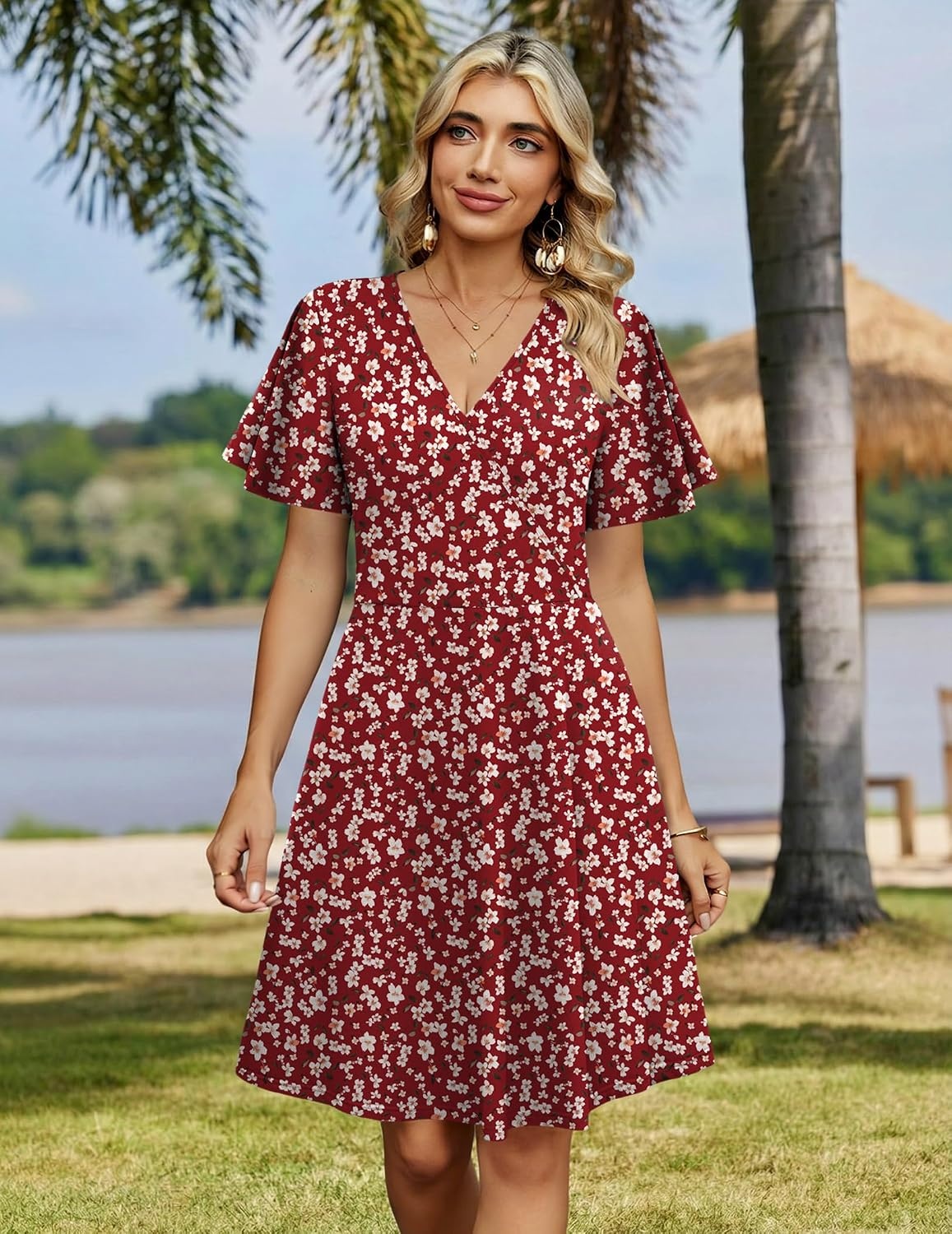 image:imageZeagoo Womens Summer Dresses Wrap V Neck Dress Floral ALine Ruffle Sleeve Casual Sundress with Pockets 202601ared Floral 1