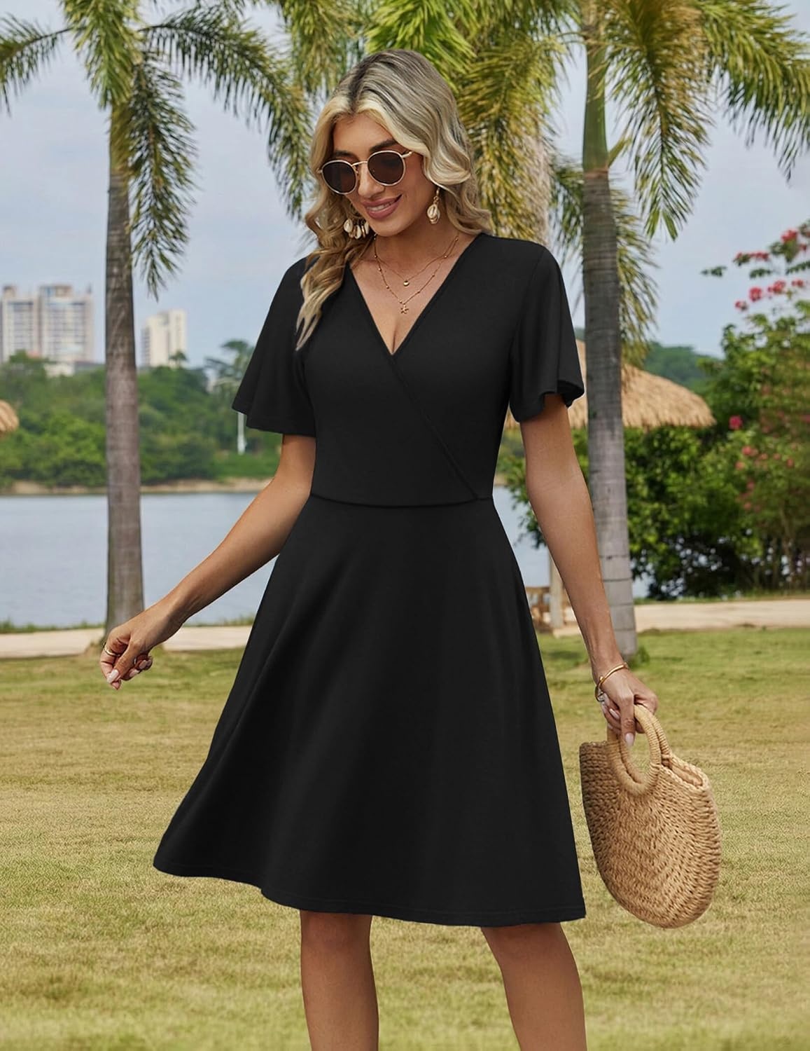 image:imageZeagoo Womens Summer Dresses Wrap V Neck Dress Floral ALine Ruffle Sleeve Casual Sundress with Pockets 202601black