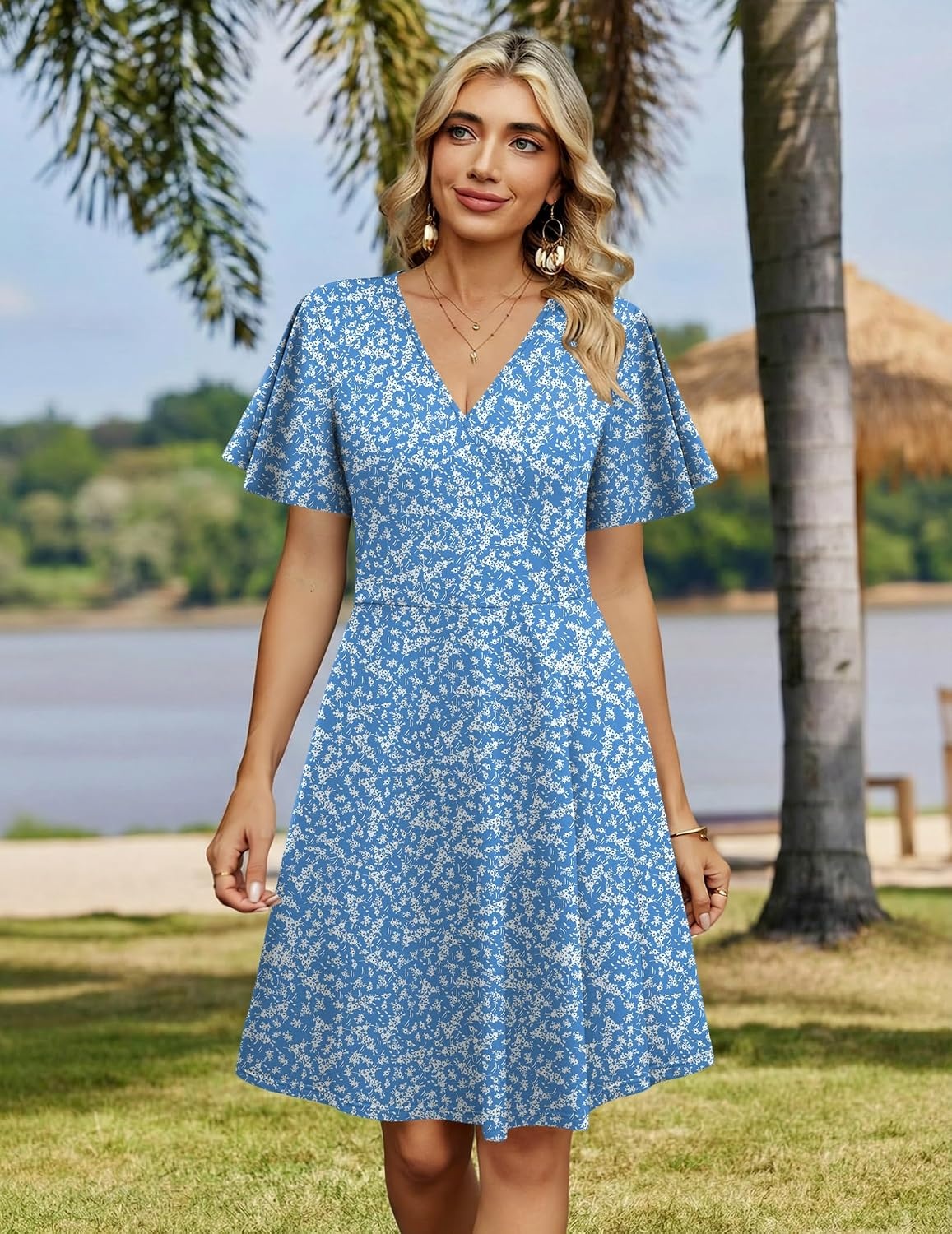 image:imageZeagoo Womens Summer Dresses Wrap V Neck Dress Floral ALine Ruffle Sleeve Casual Sundress with Pockets 202601light Blue