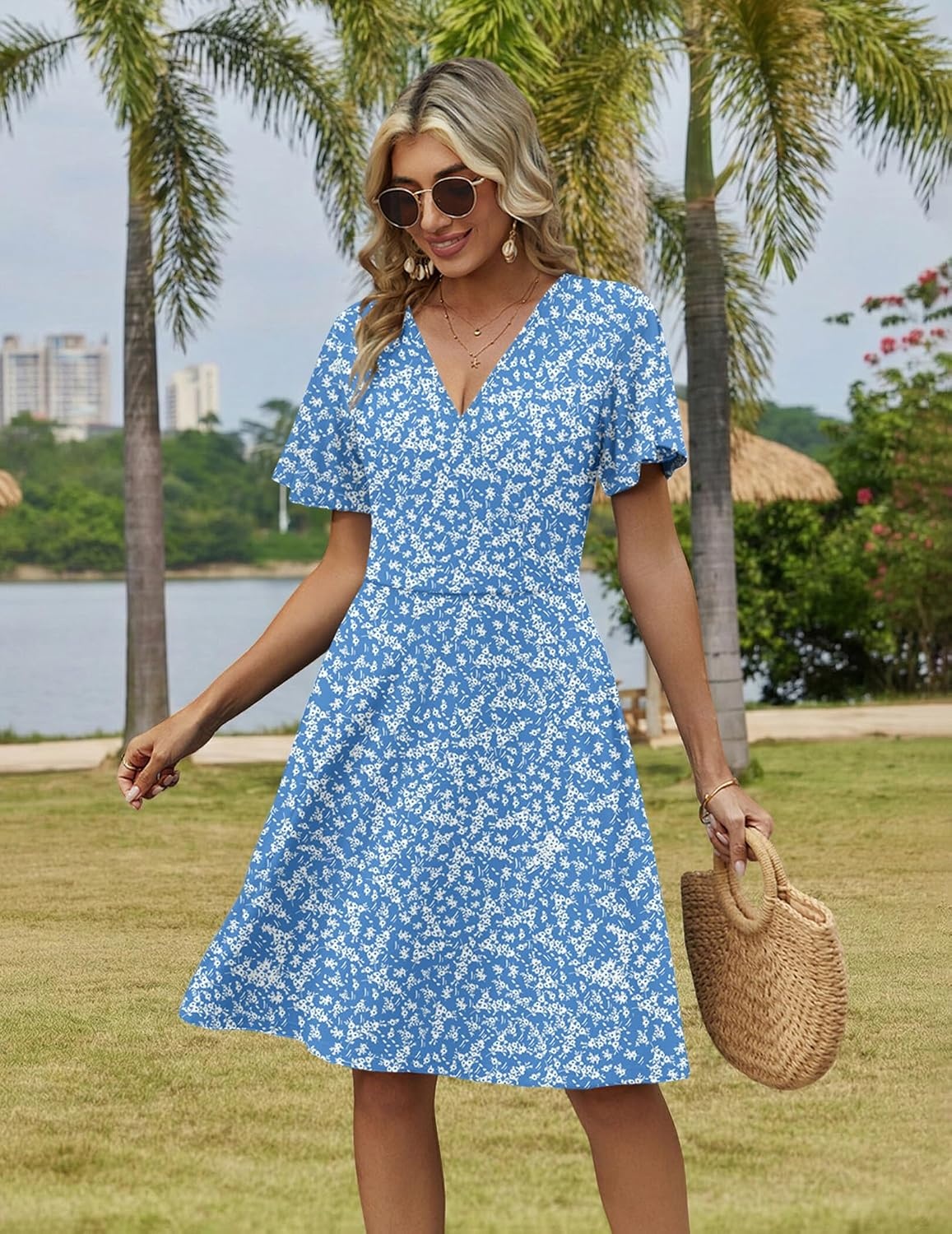 image:imageZeagoo Womens Summer Dresses Wrap V Neck Dress Floral ALine Ruffle Sleeve Casual Sundress with Pockets 202601light Blue