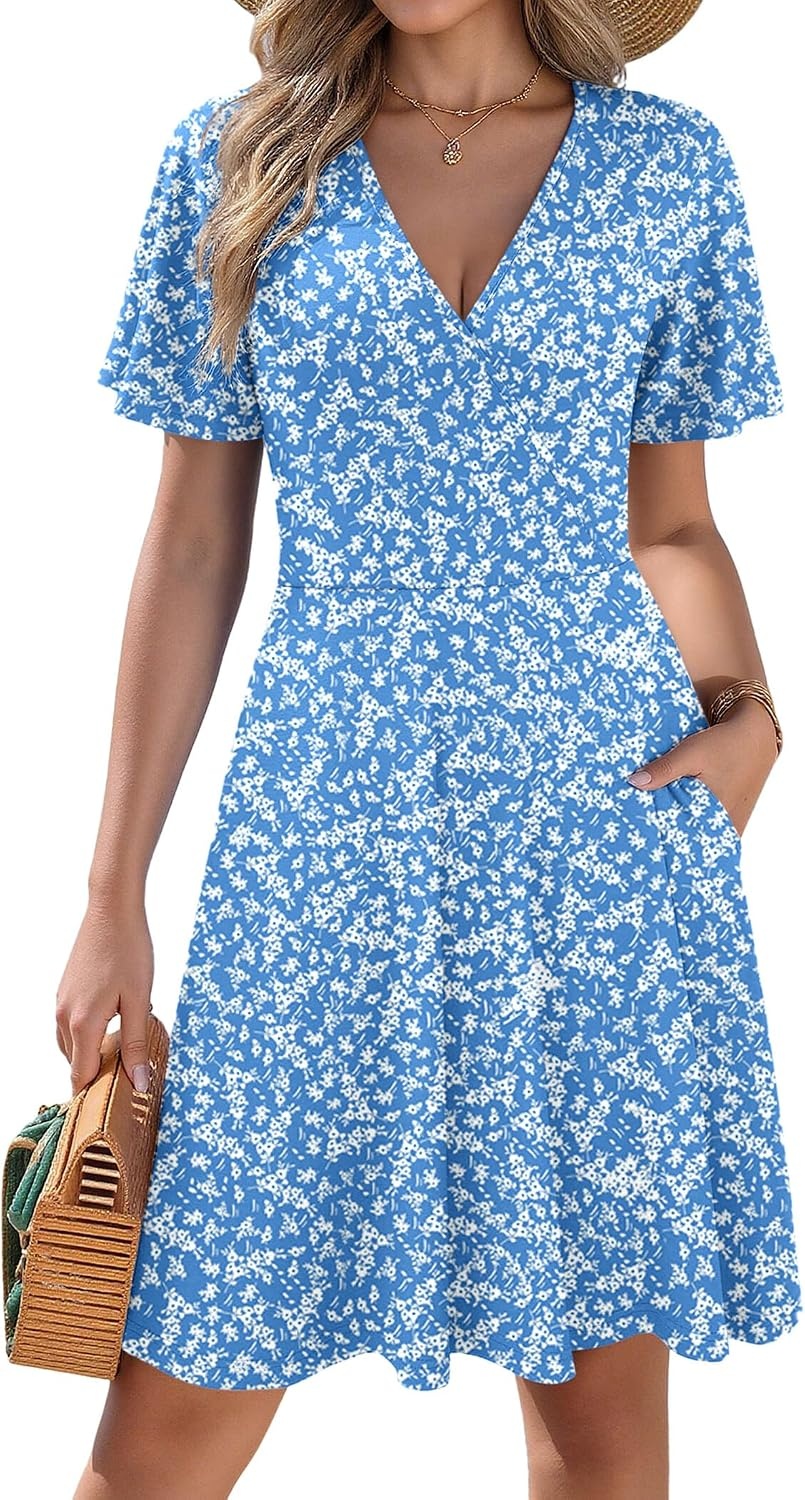 image:imageZeagoo Womens Summer Dresses Wrap V Neck Dress Floral ALine Ruffle Sleeve Casual Sundress with Pockets 202601light Blue