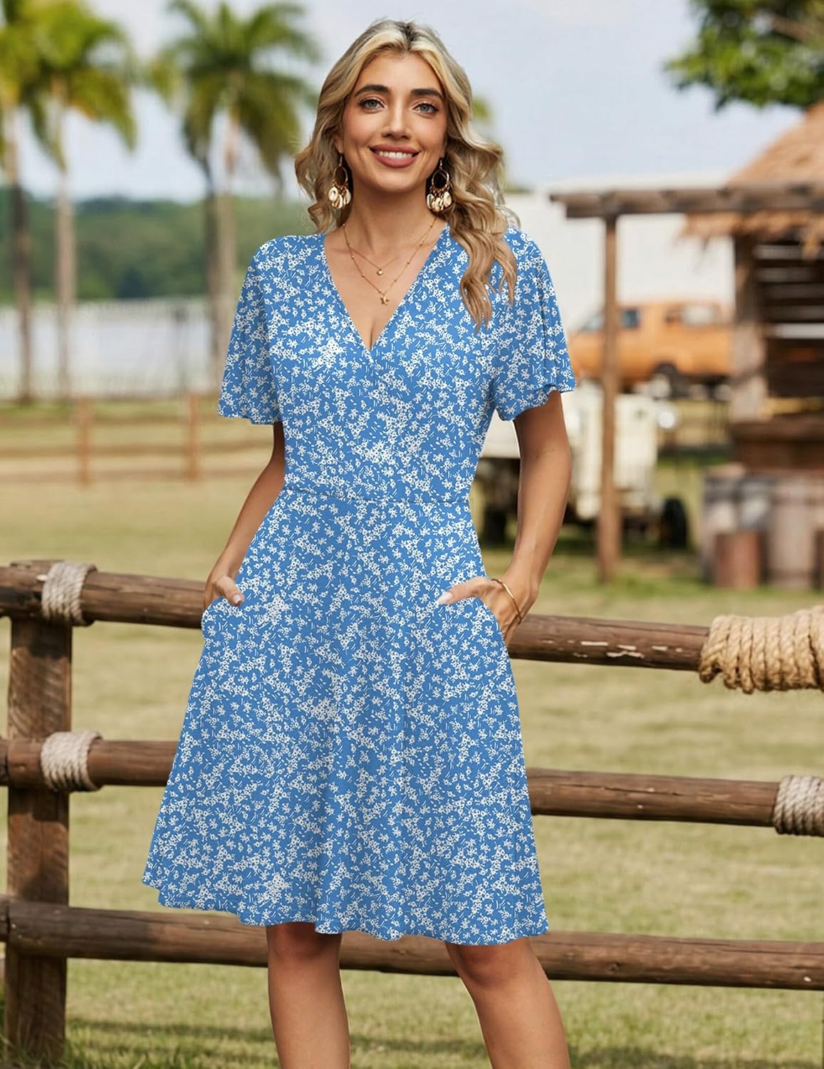 image:imageZeagoo Womens Summer Dresses Wrap V Neck Dress Floral ALine Ruffle Sleeve Casual Sundress with Pockets 202601light Blue