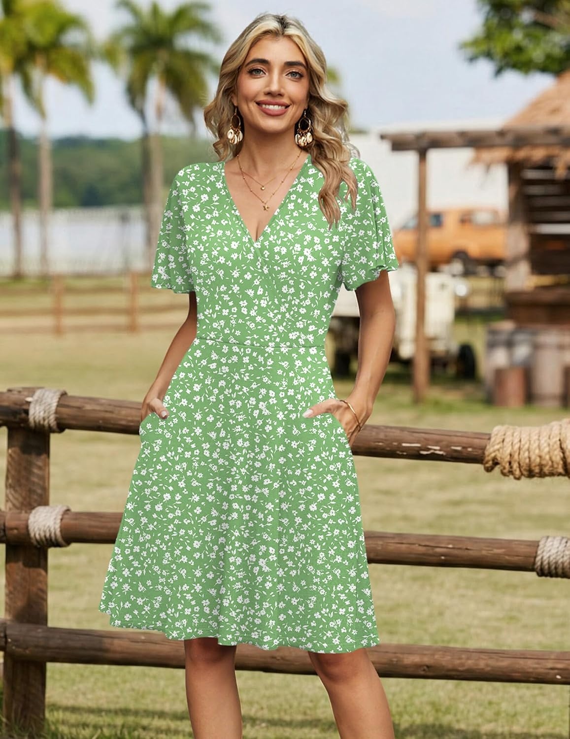 image:imageZeagoo Womens Summer Dresses Wrap V Neck Dress Floral ALine Ruffle Sleeve Casual Sundress with Pockets 202601light Green