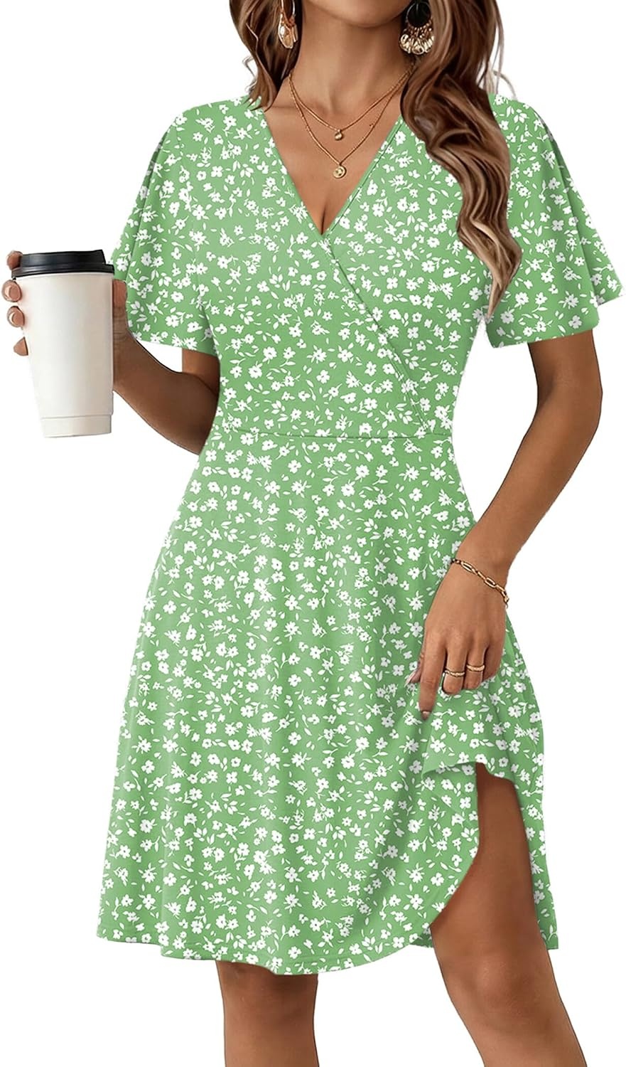 image:imageZeagoo Womens Summer Dresses Wrap V Neck Dress Floral ALine Ruffle Sleeve Casual Sundress with Pockets 202601light Green
