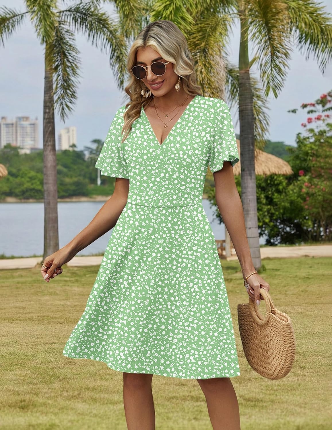 image:imageZeagoo Womens Summer Dresses Wrap V Neck Dress Floral ALine Ruffle Sleeve Casual Sundress with Pockets 202601light Green