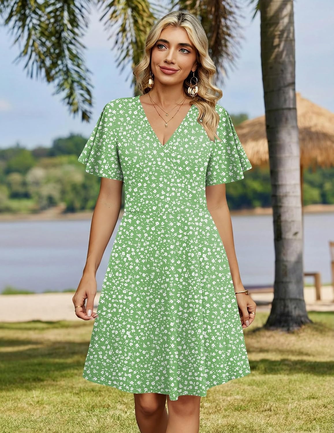 image:imageZeagoo Womens Summer Dresses Wrap V Neck Dress Floral ALine Ruffle Sleeve Casual Sundress with Pockets 202601light Green
