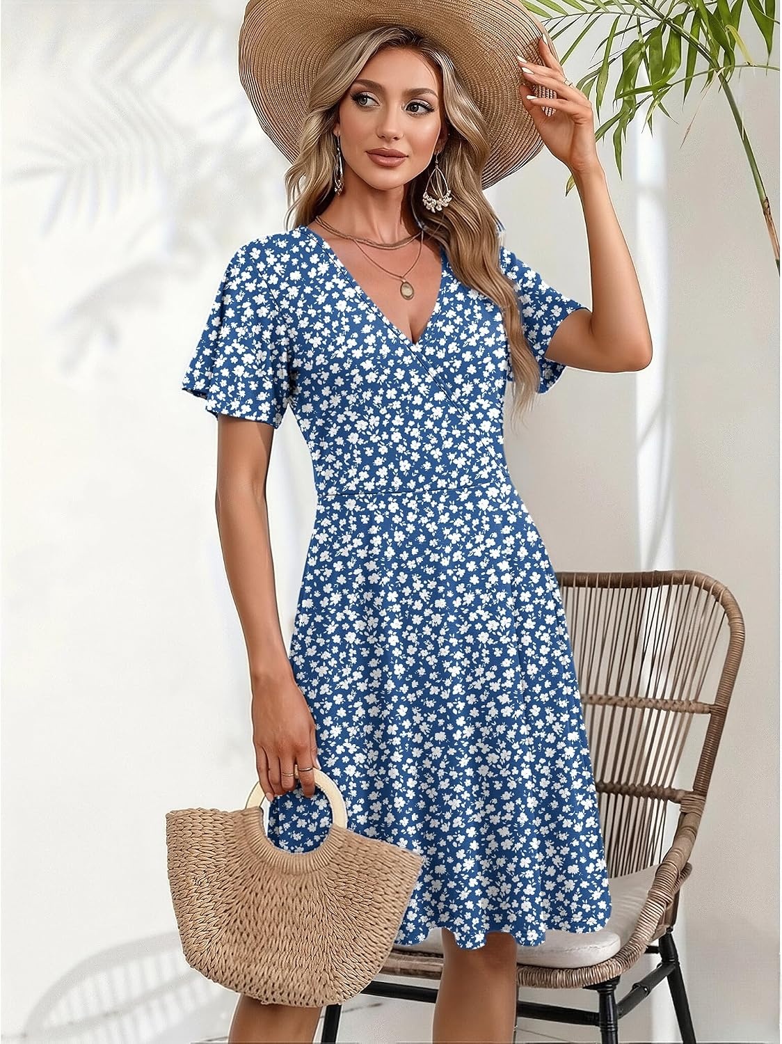 image:imageZeagoo Womens Summer Dresses Wrap V Neck Dress Floral ALine Ruffle Sleeve Casual Sundress with Pockets 202601xh234