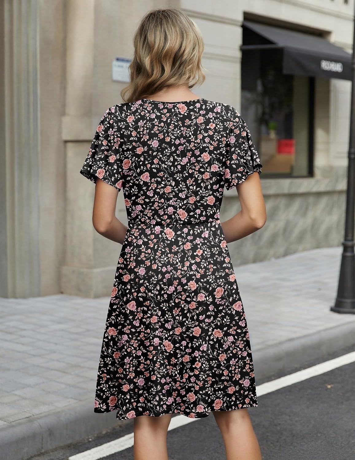 image:imageZeagoo Womens Summer Dresses Wrap V Neck Dress Floral ALine Ruffle Sleeve Casual Sundress with Pockets 2026Black Floral