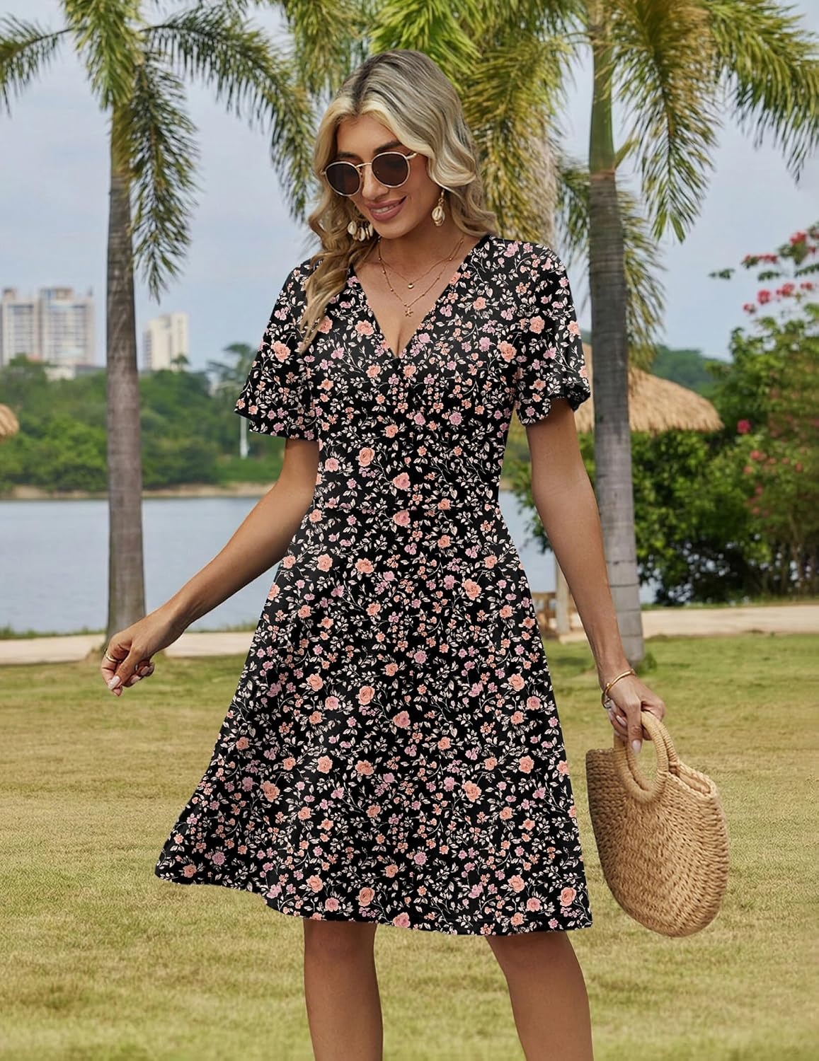 image:imageZeagoo Womens Summer Dresses Wrap V Neck Dress Floral ALine Ruffle Sleeve Casual Sundress with Pockets 2026Black Floral