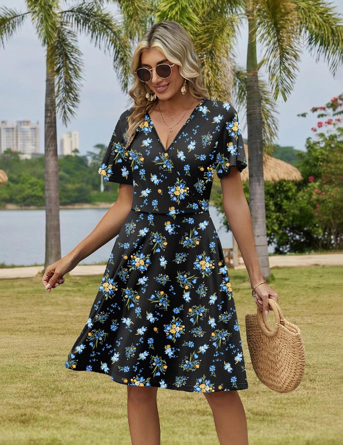 image:imageZeagoo Womens Summer Dresses Wrap V Neck Dress Floral ALine Ruffle Sleeve Casual Sundress with Pockets 2026Black Floral 2