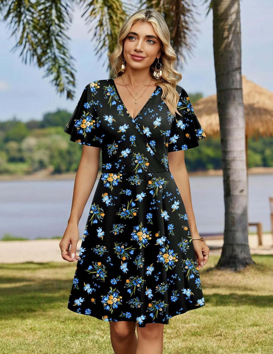 image:imageZeagoo Womens Summer Dresses Wrap V Neck Dress Floral ALine Ruffle Sleeve Casual Sundress with Pockets 2026Black Floral 2