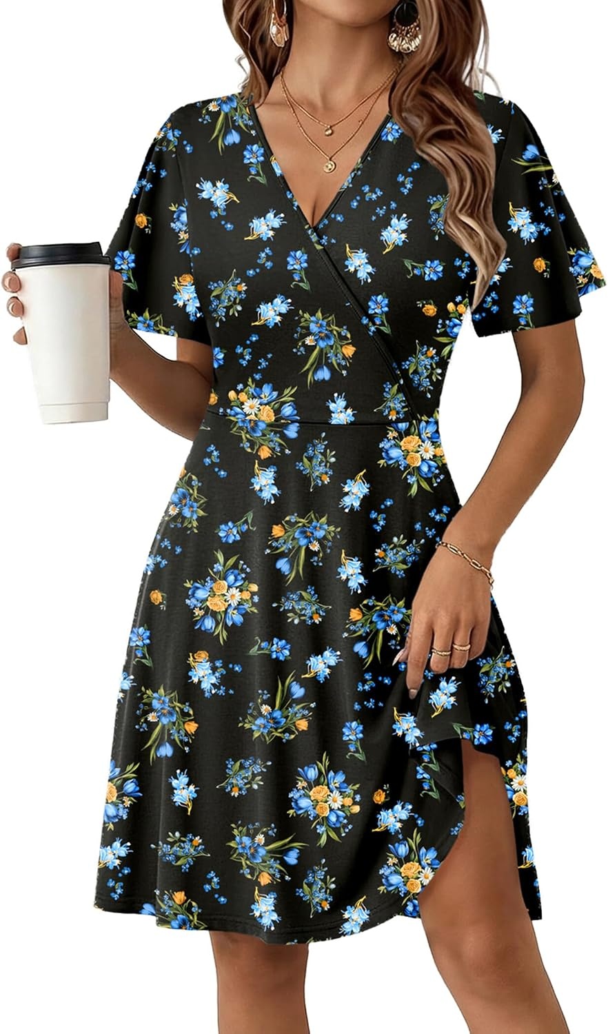 image:imageZeagoo Womens Summer Dresses Wrap V Neck Dress Floral ALine Ruffle Sleeve Casual Sundress with Pockets 2026Black Floral 2