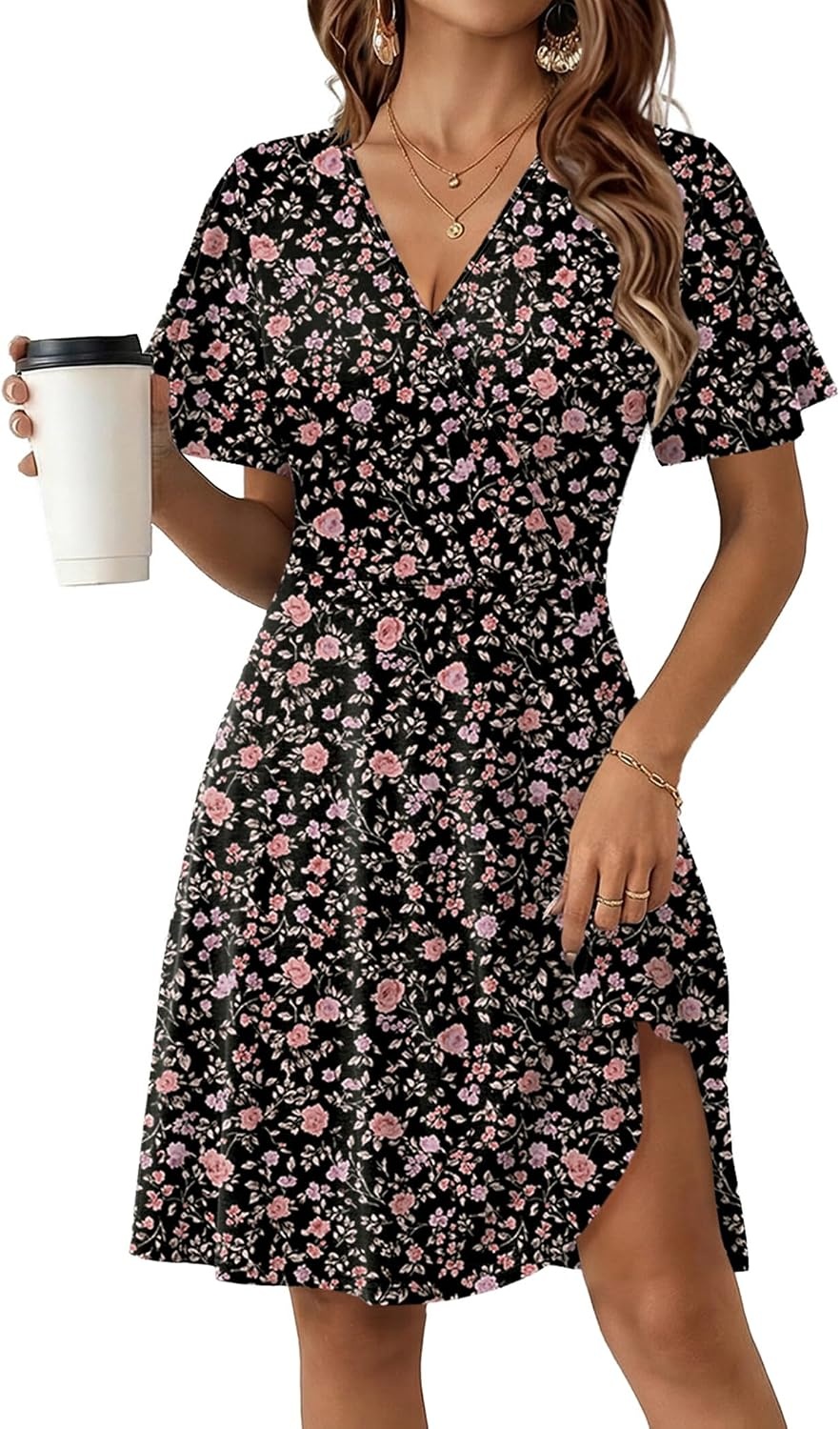 image:imageZeagoo Womens Summer Dresses Wrap V Neck Dress Floral ALine Ruffle Sleeve Casual Sundress with Pockets 2026Black Floral