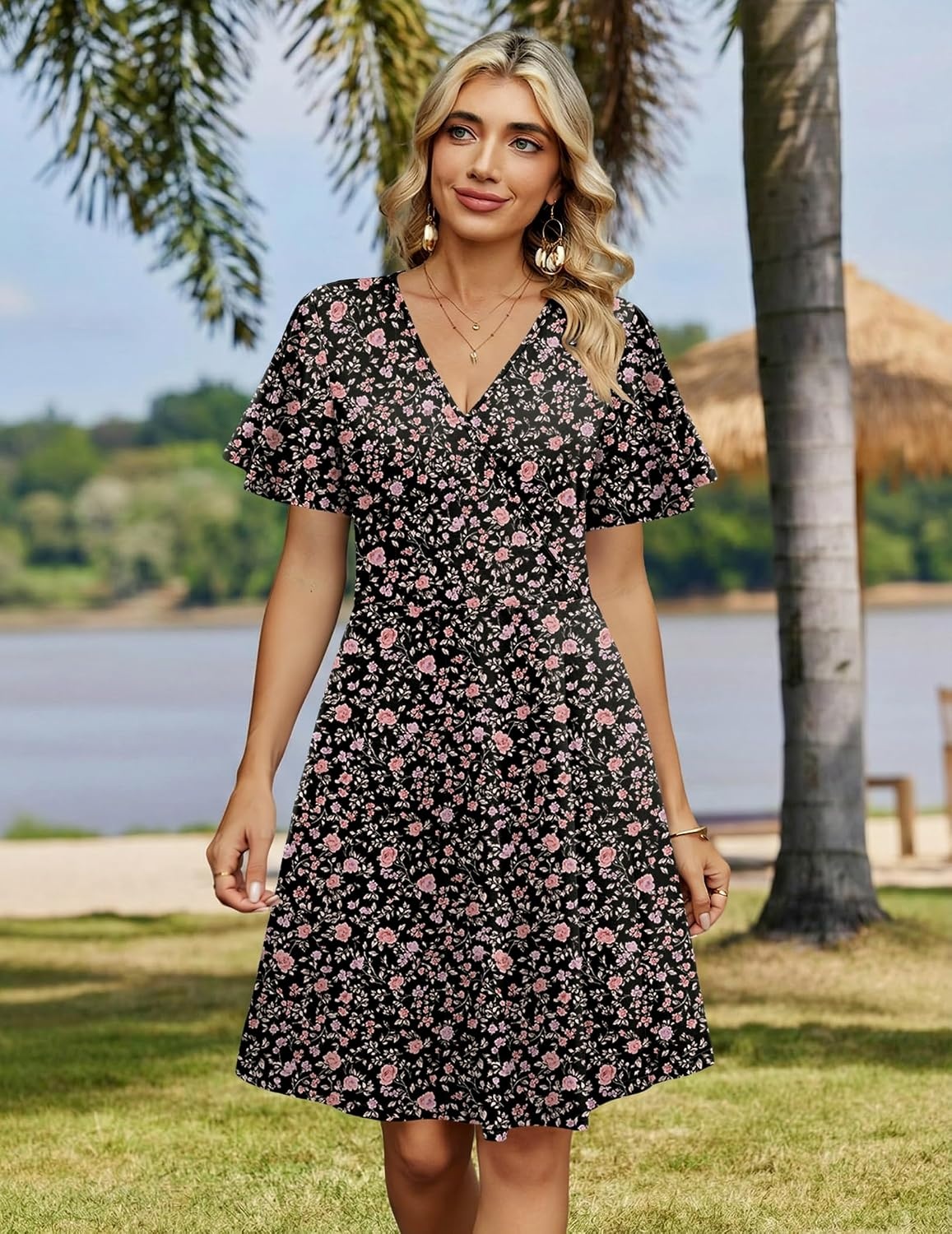image:imageZeagoo Womens Summer Dresses Wrap V Neck Dress Floral ALine Ruffle Sleeve Casual Sundress with Pockets 2026Black Floral