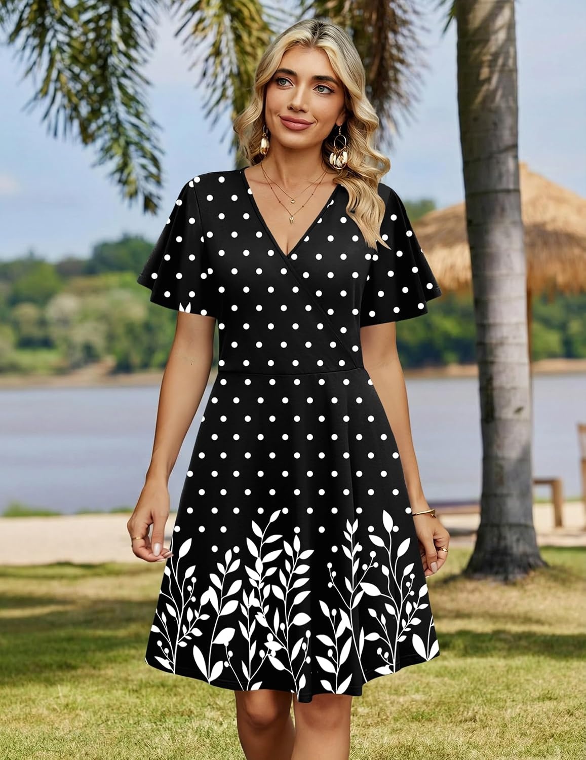 image:imageZeagoo Womens Summer Dresses Wrap V Neck Dress Floral ALine Ruffle Sleeve Casual Sundress with Pockets 2026Black Polka Dots