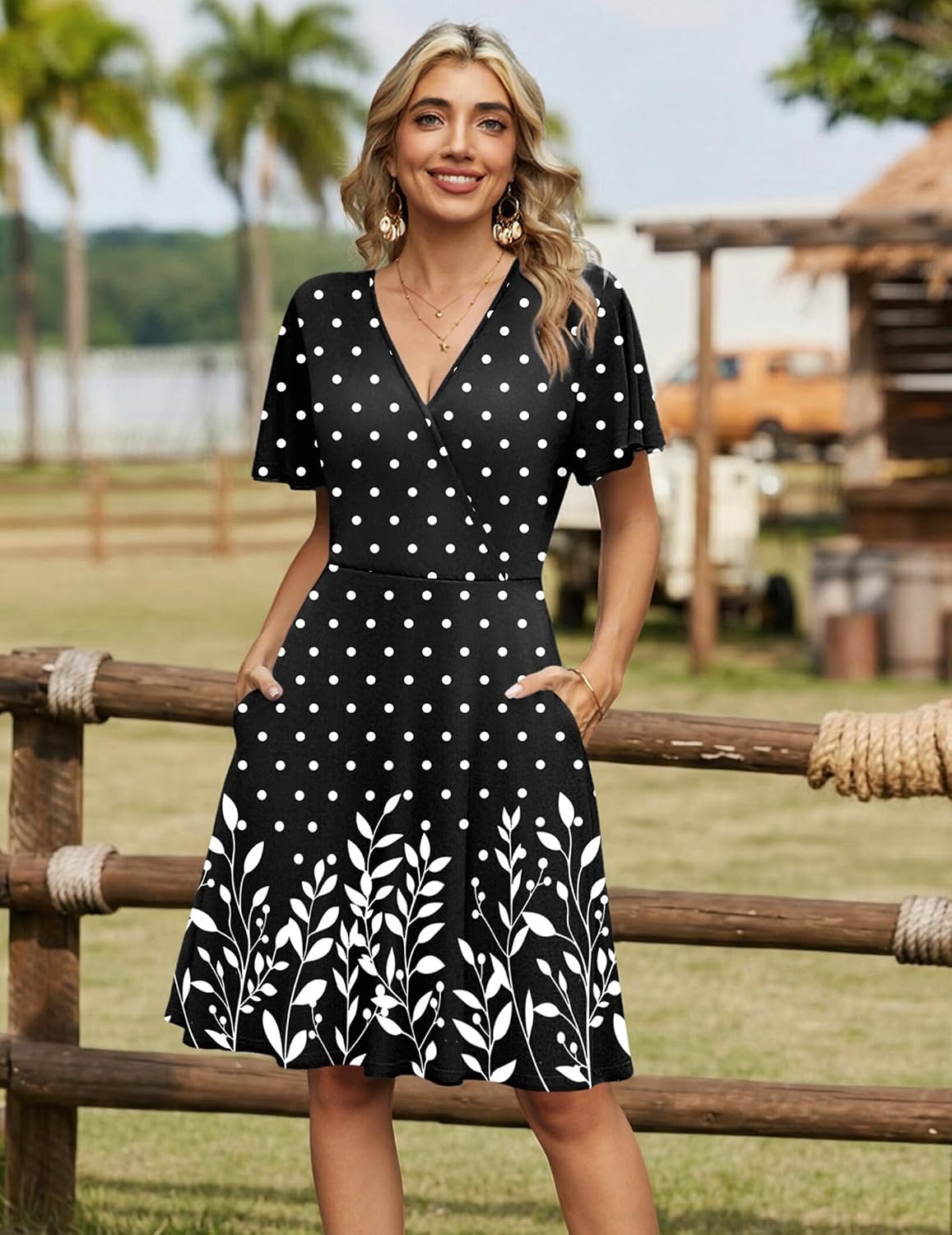 image:imageZeagoo Womens Summer Dresses Wrap V Neck Dress Floral ALine Ruffle Sleeve Casual Sundress with Pockets 2026Black Polka Dots