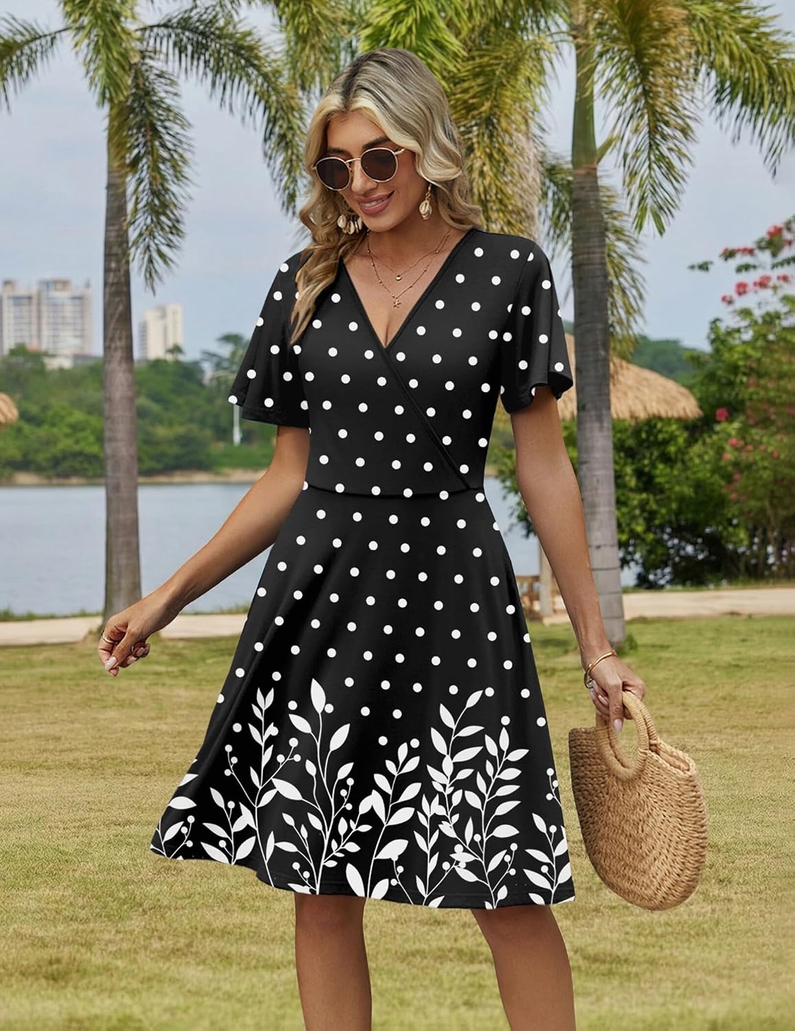 image:imageZeagoo Womens Summer Dresses Wrap V Neck Dress Floral ALine Ruffle Sleeve Casual Sundress with Pockets 2026Black Polka Dots