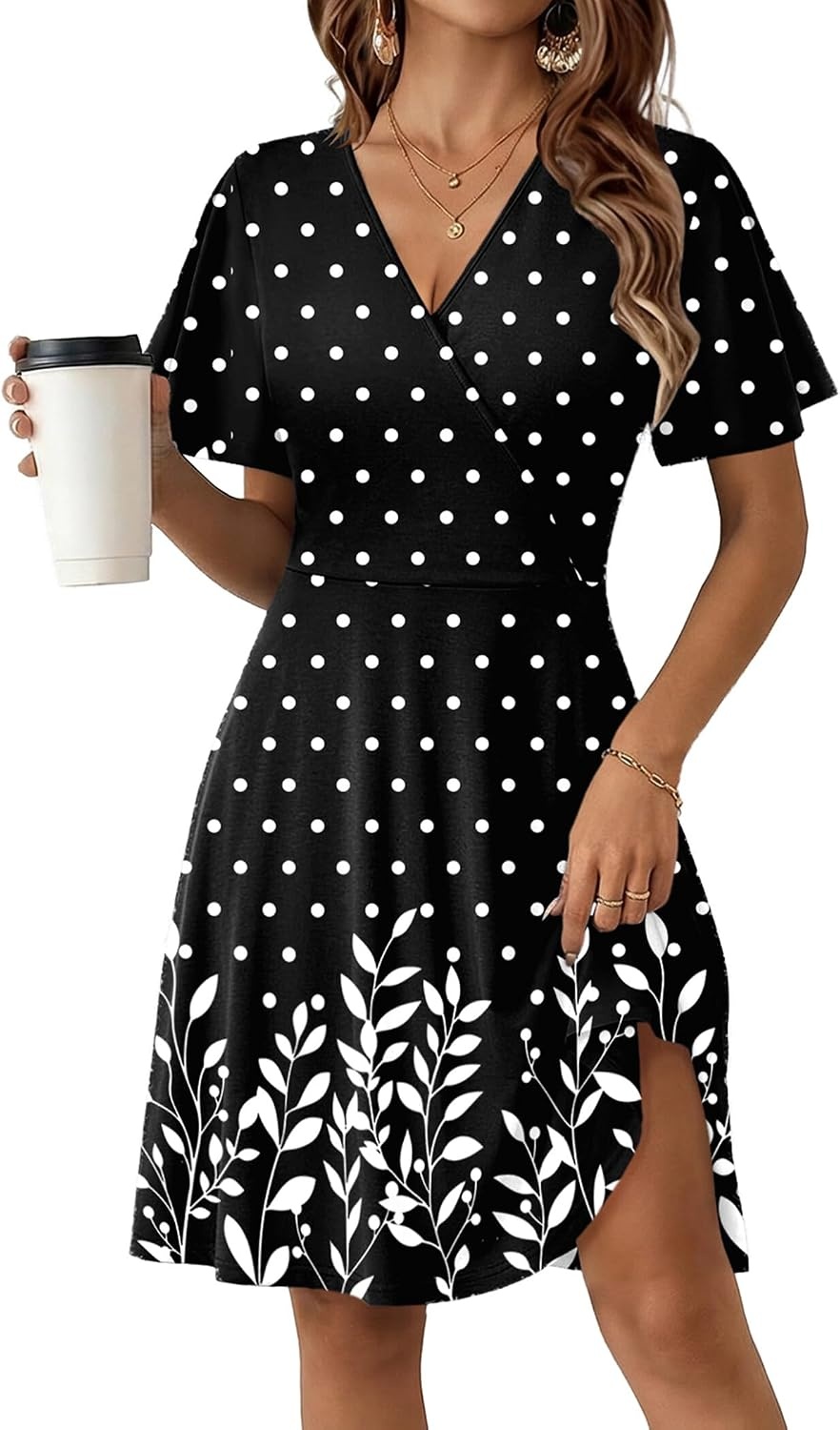image:imageZeagoo Womens Summer Dresses Wrap V Neck Dress Floral ALine Ruffle Sleeve Casual Sundress with Pockets 2026Black Polka Dots
