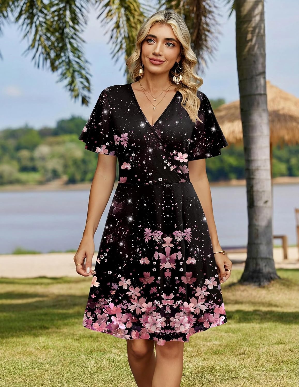 image:imageZeagoo Womens Summer Dresses Wrap V Neck Dress Floral ALine Ruffle Sleeve Casual Sundress with Pockets 2026Blackpink