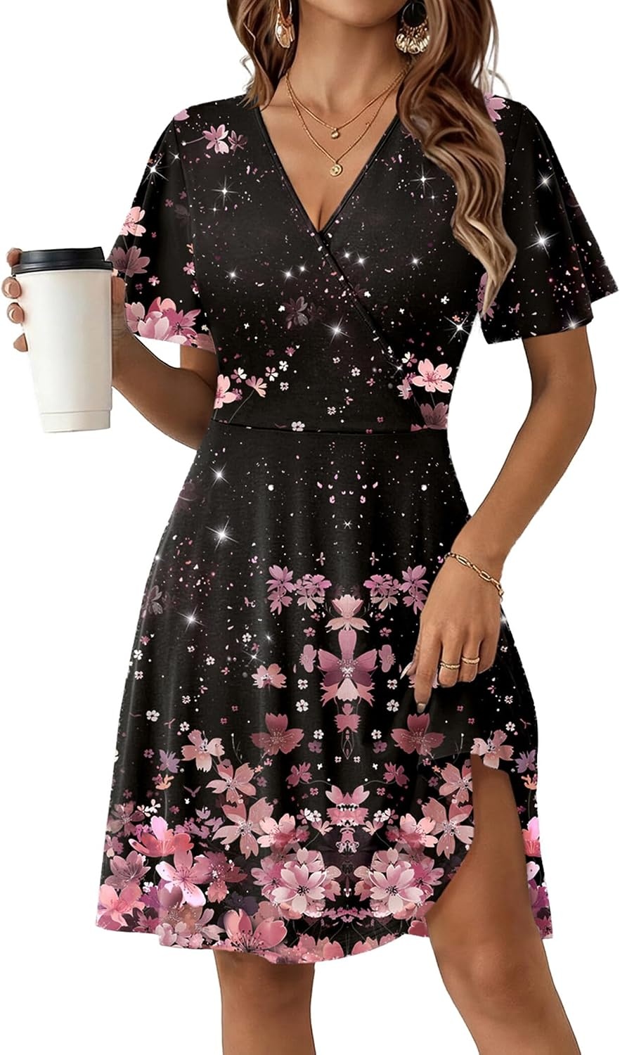 image:imageZeagoo Womens Summer Dresses Wrap V Neck Dress Floral ALine Ruffle Sleeve Casual Sundress with Pockets 2026Blackpink