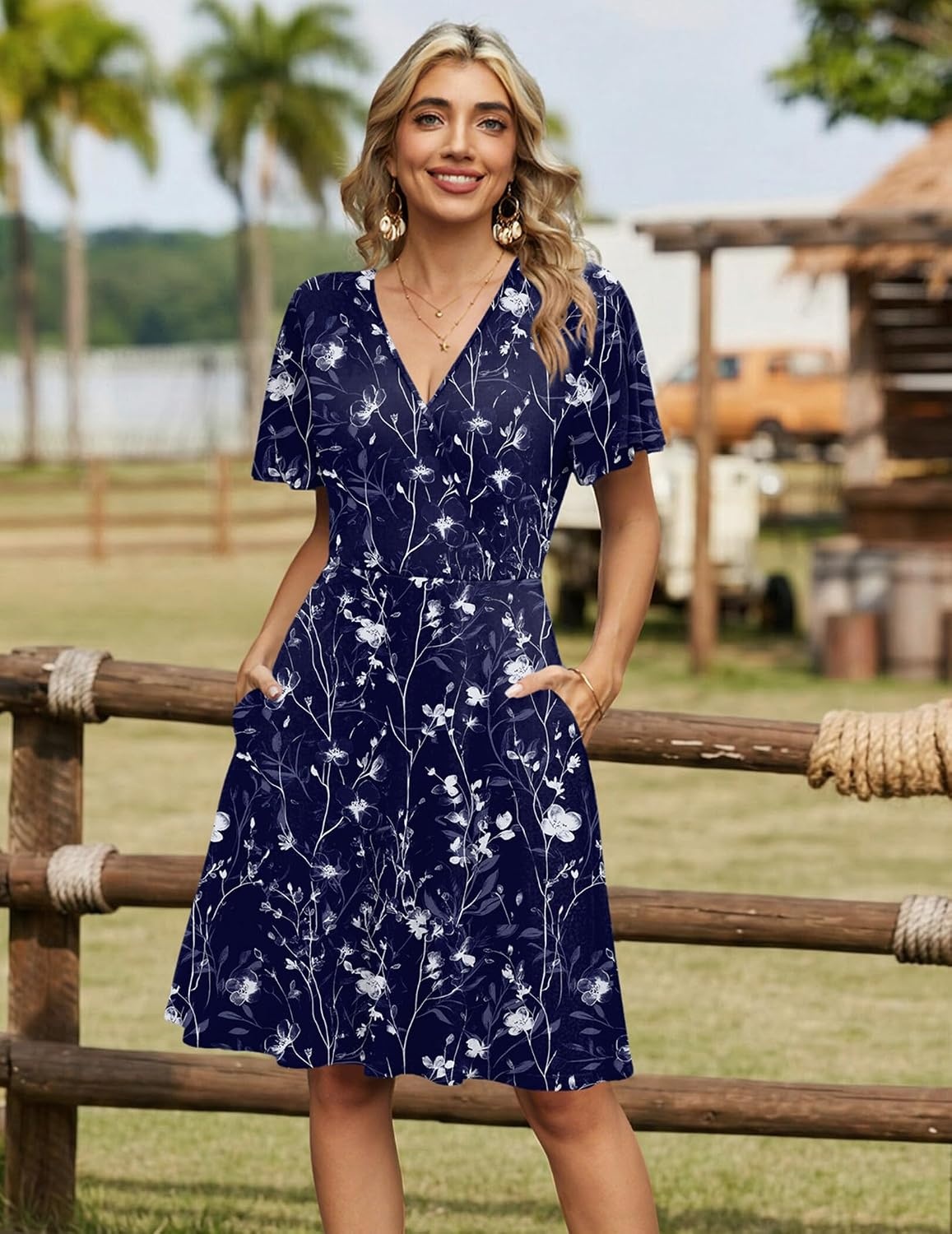 image:imageZeagoo Womens Summer Dresses Wrap V Neck Dress Floral ALine Ruffle Sleeve Casual Sundress with Pockets 2026Blue Floral 2