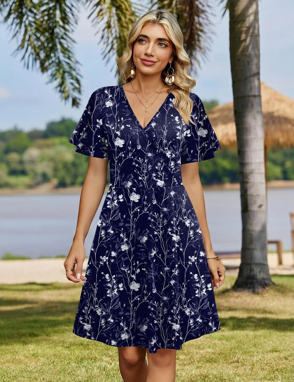 image:imageZeagoo Womens Summer Dresses Wrap V Neck Dress Floral ALine Ruffle Sleeve Casual Sundress with Pockets 2026Blue Floral 2