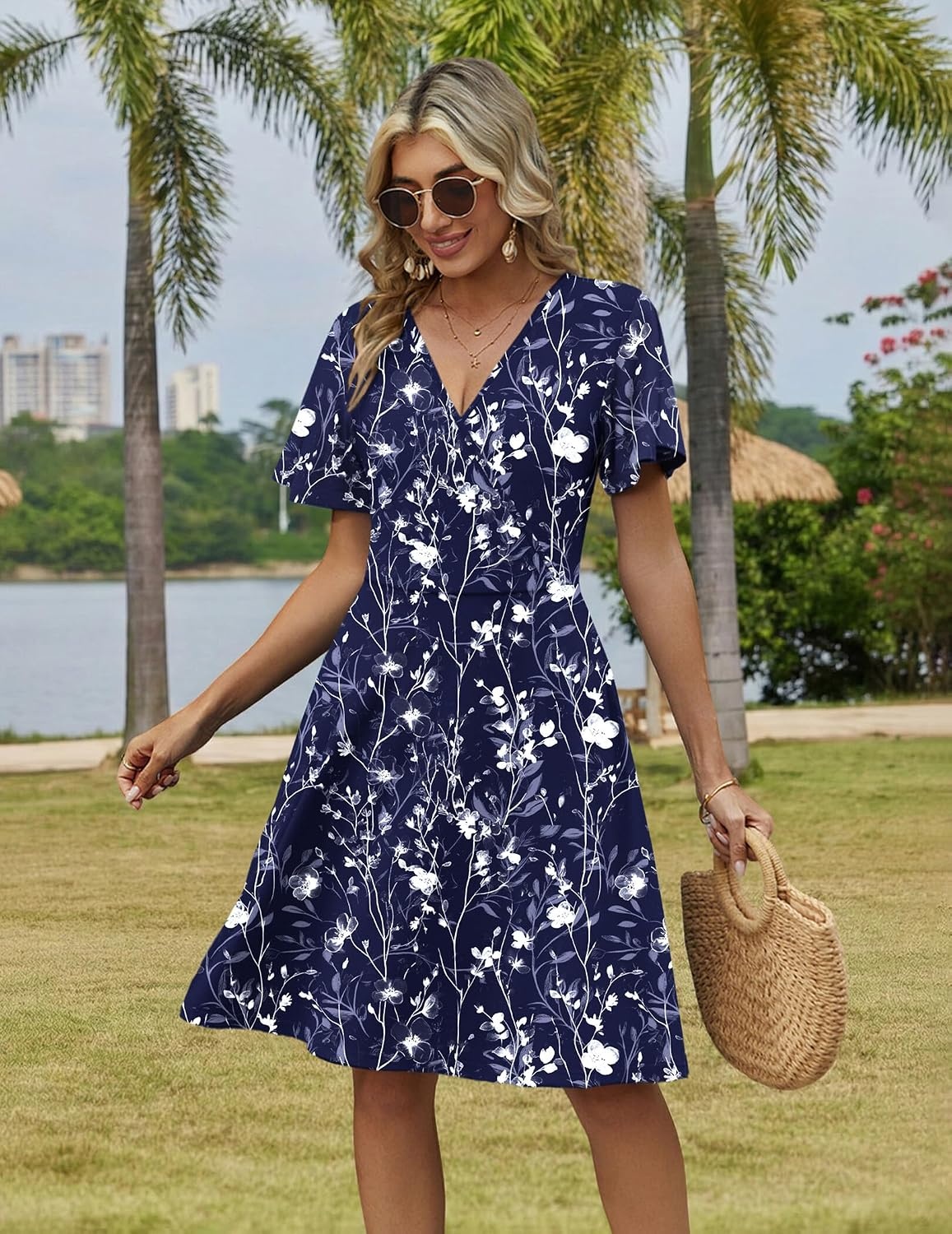image:imageZeagoo Womens Summer Dresses Wrap V Neck Dress Floral ALine Ruffle Sleeve Casual Sundress with Pockets 2026Blue Floral 2