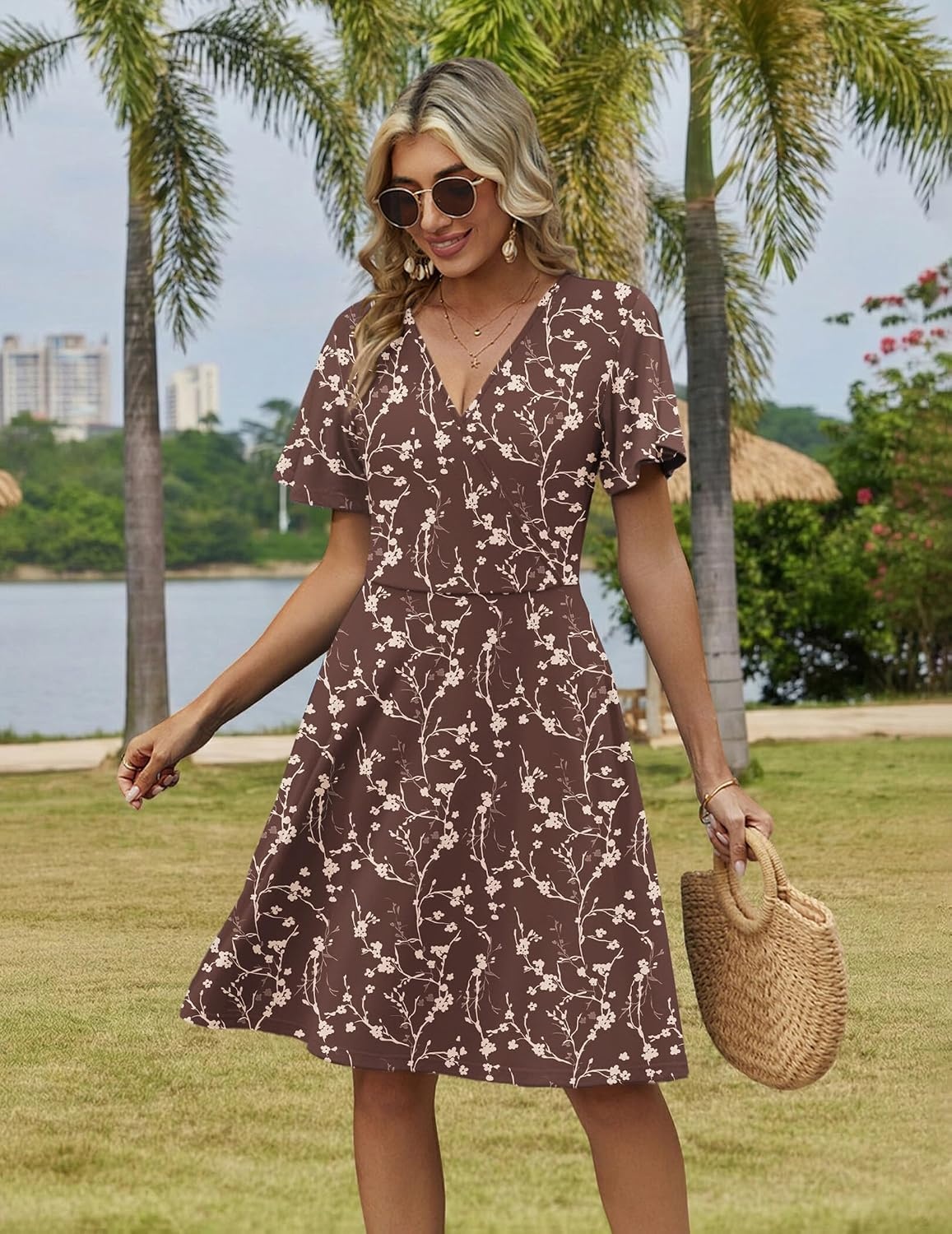 image:imageZeagoo Womens Summer Dresses Wrap V Neck Dress Floral ALine Ruffle Sleeve Casual Sundress with Pockets 2026Brown Floral