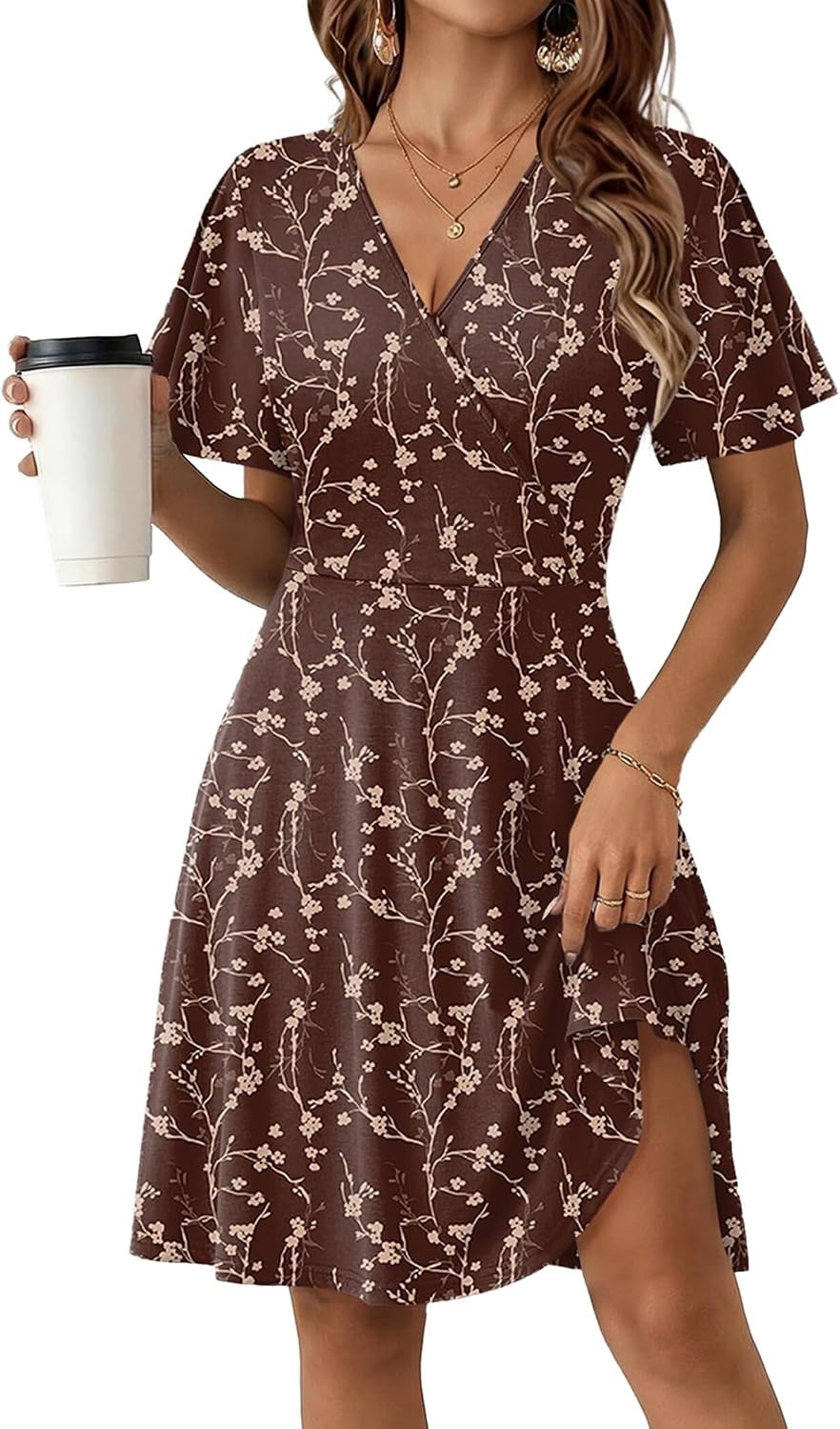 image:imageZeagoo Womens Summer Dresses Wrap V Neck Dress Floral ALine Ruffle Sleeve Casual Sundress with Pockets 2026Brown Floral