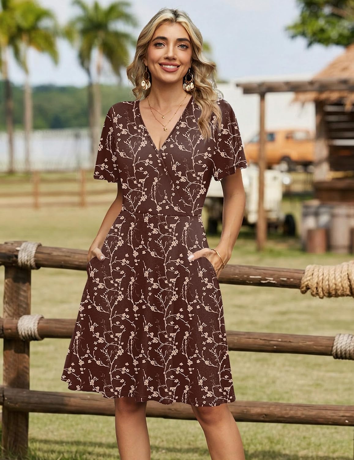 image:imageZeagoo Womens Summer Dresses Wrap V Neck Dress Floral ALine Ruffle Sleeve Casual Sundress with Pockets 2026Brown Floral