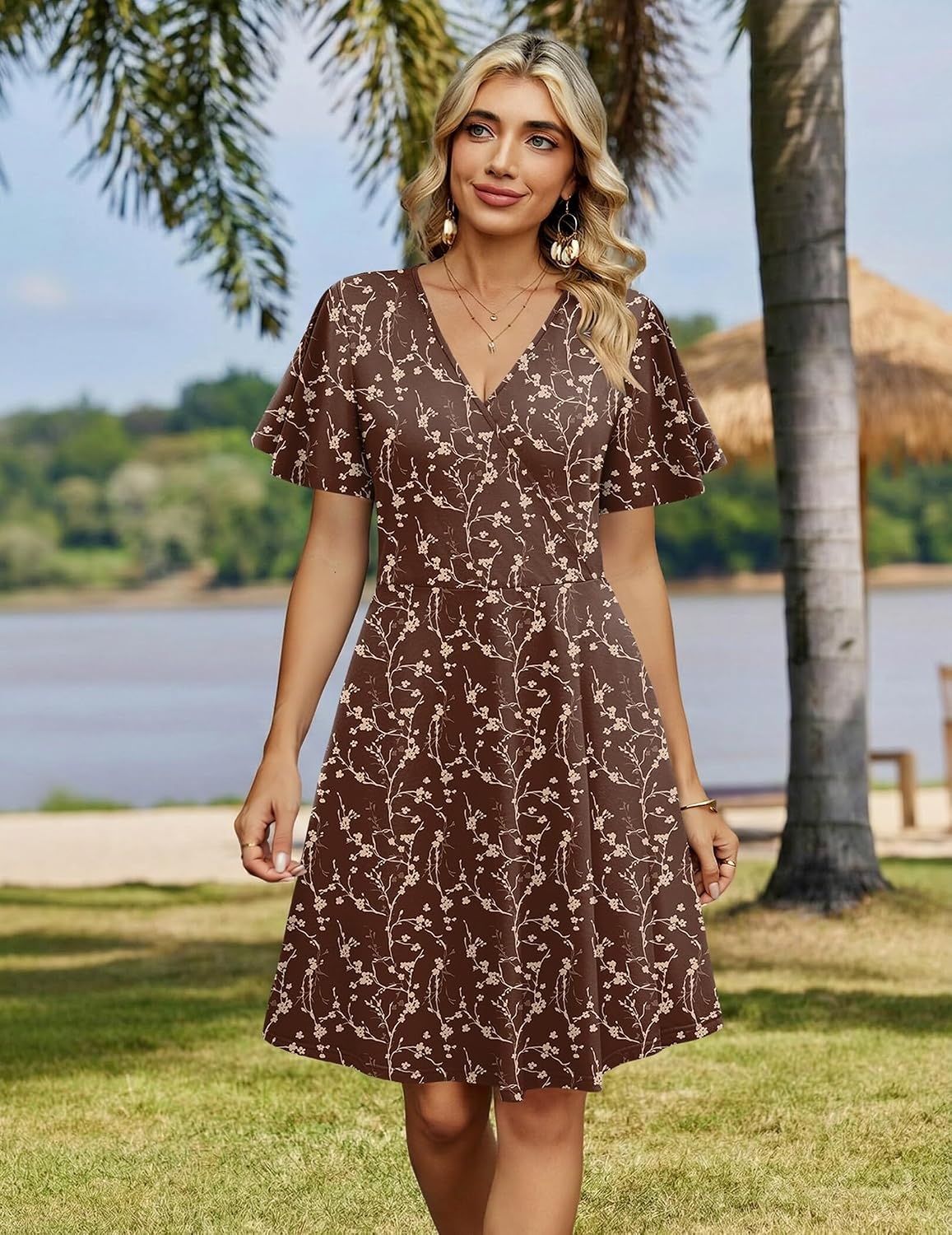 image:imageZeagoo Womens Summer Dresses Wrap V Neck Dress Floral ALine Ruffle Sleeve Casual Sundress with Pockets 2026Brown Floral