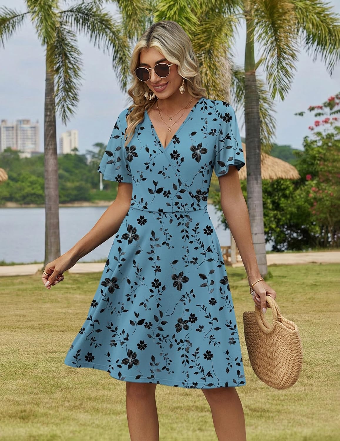 image:imageZeagoo Womens Summer Dresses Wrap V Neck Dress Floral ALine Ruffle Sleeve Casual Sundress with Pockets 2026Green Floral