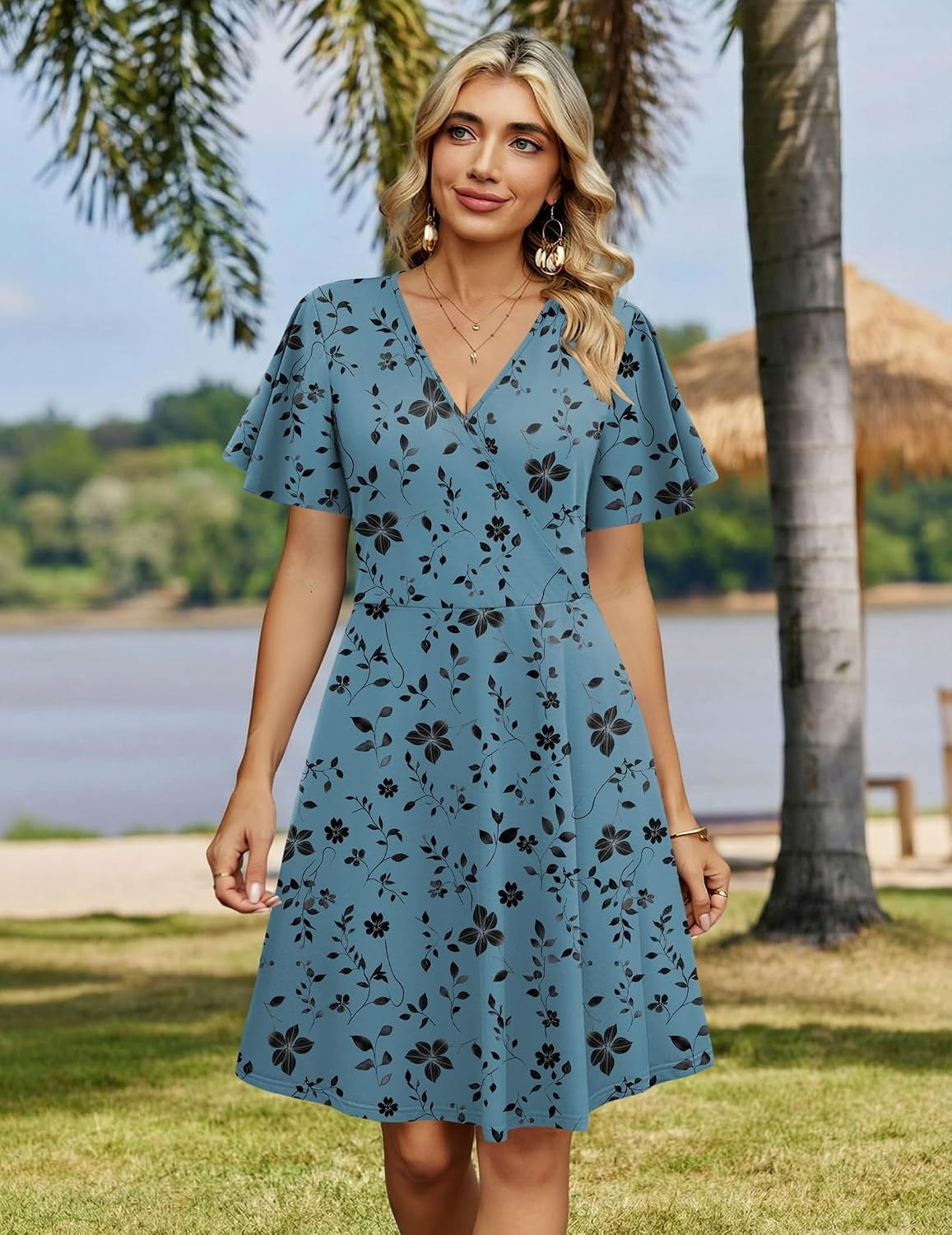 image:imageZeagoo Womens Summer Dresses Wrap V Neck Dress Floral ALine Ruffle Sleeve Casual Sundress with Pockets 2026Green Floral
