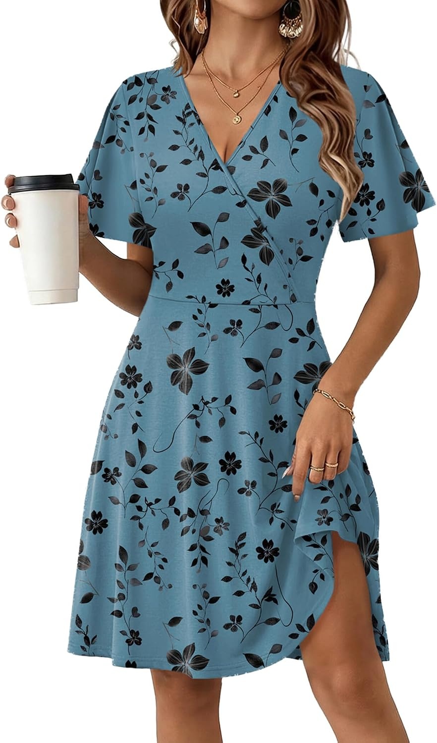 image:imageZeagoo Womens Summer Dresses Wrap V Neck Dress Floral ALine Ruffle Sleeve Casual Sundress with Pockets 2026Green Floral