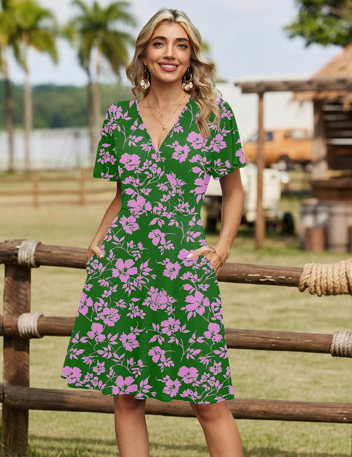 image:imageZeagoo Womens Summer Dresses Wrap V Neck Dress Floral ALine Ruffle Sleeve Casual Sundress with Pockets 2026Greenpink