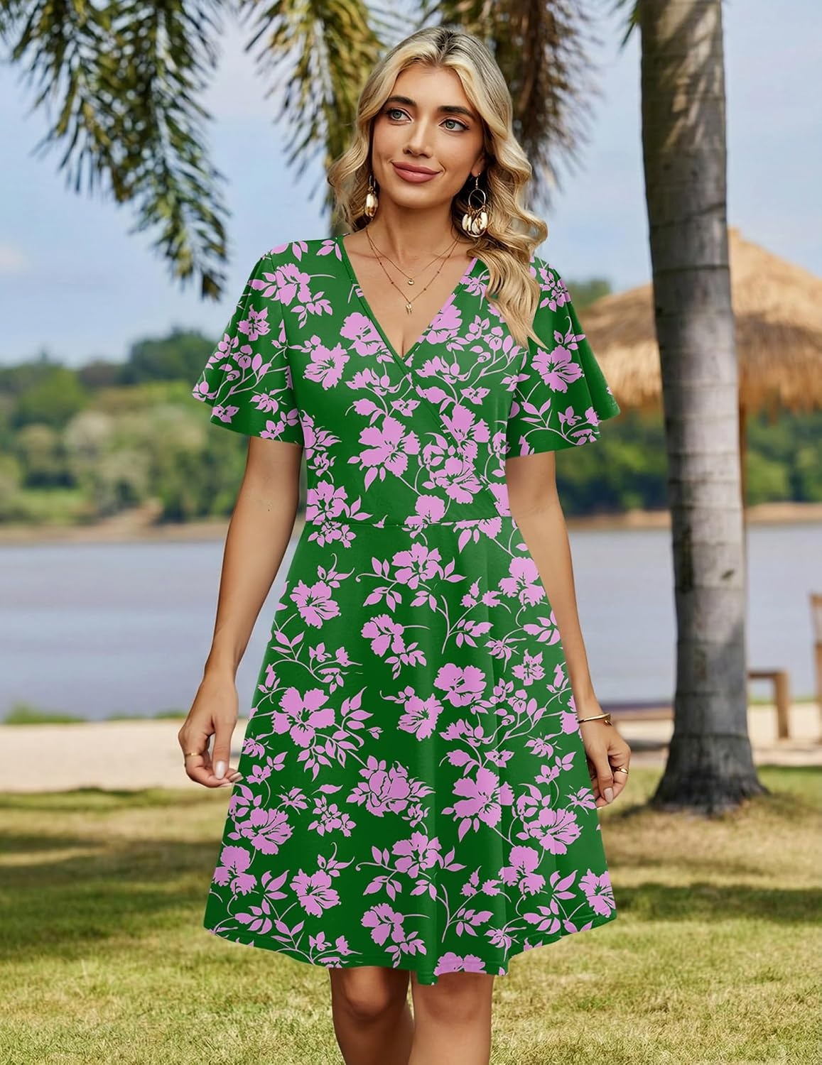 image:imageZeagoo Womens Summer Dresses Wrap V Neck Dress Floral ALine Ruffle Sleeve Casual Sundress with Pockets 2026Greenpink