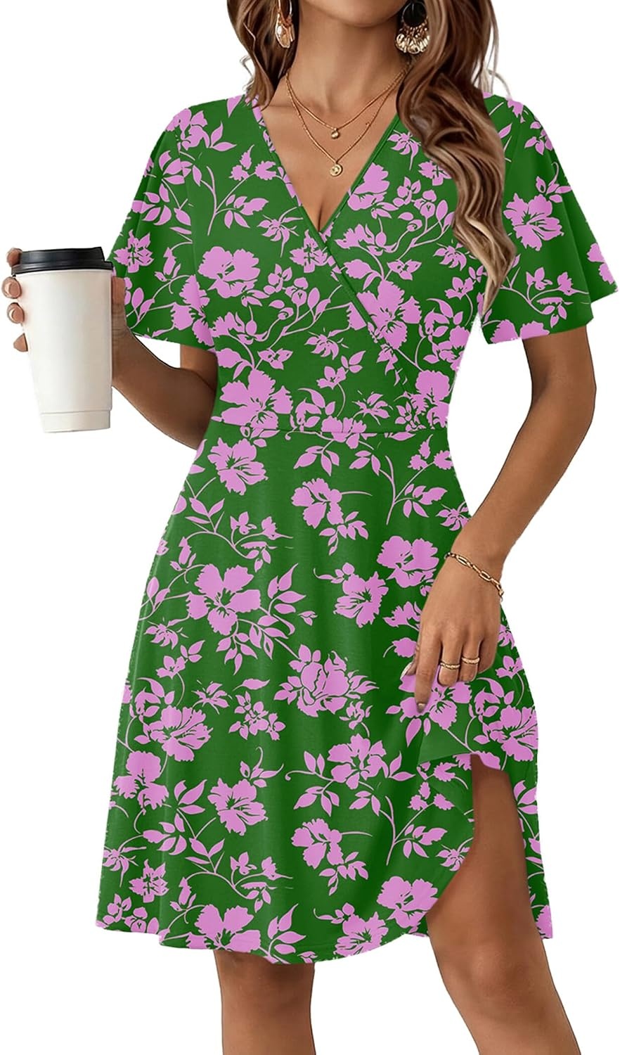image:imageZeagoo Womens Summer Dresses Wrap V Neck Dress Floral ALine Ruffle Sleeve Casual Sundress with Pockets 2026Greenpink