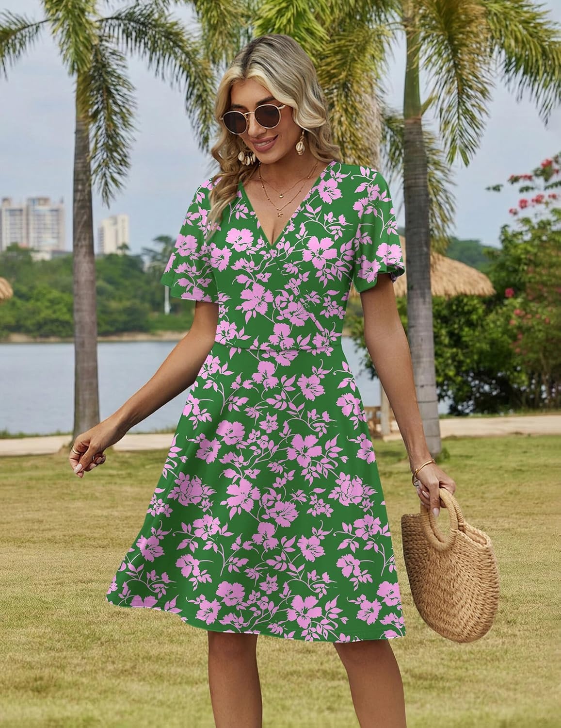 image:imageZeagoo Womens Summer Dresses Wrap V Neck Dress Floral ALine Ruffle Sleeve Casual Sundress with Pockets 2026Greenpink