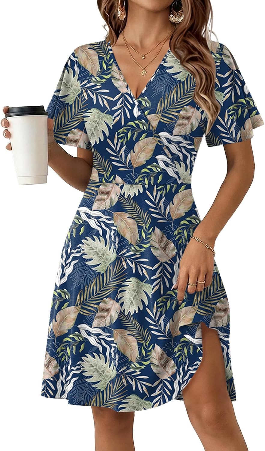 image:imageZeagoo Womens Summer Dresses Wrap V Neck Dress Floral ALine Ruffle Sleeve Casual Sundress with Pockets 2026Leaf Floral