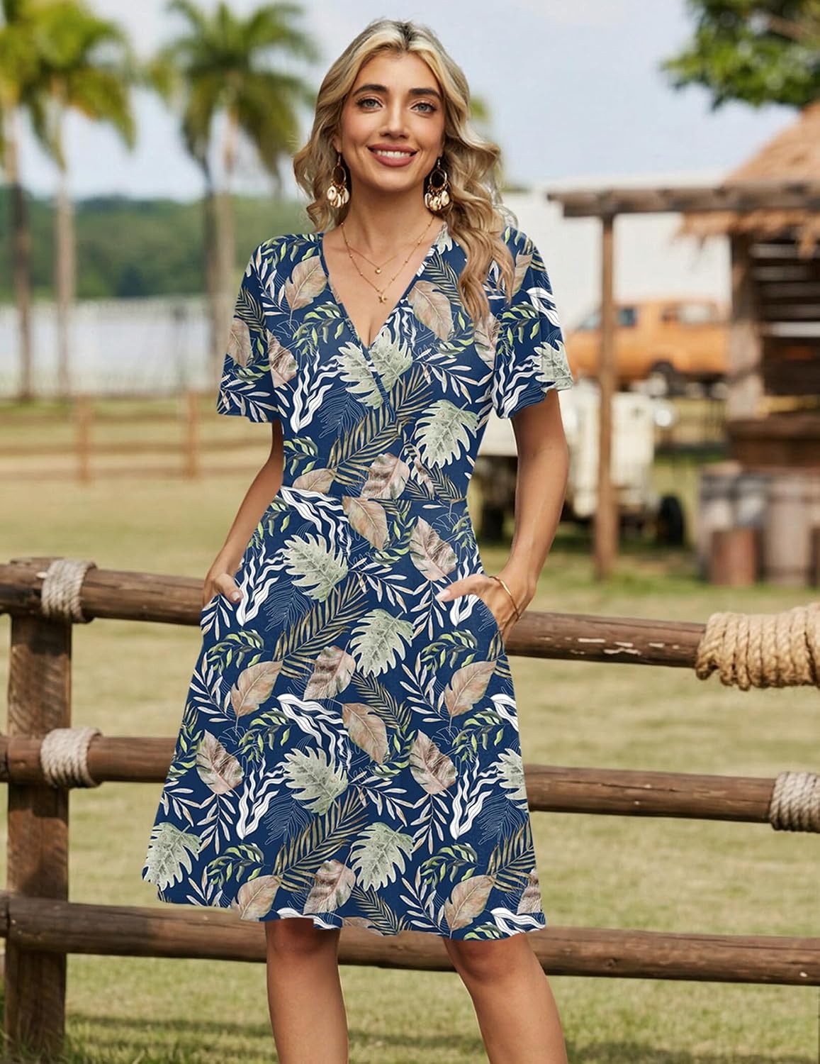 image:imageZeagoo Womens Summer Dresses Wrap V Neck Dress Floral ALine Ruffle Sleeve Casual Sundress with Pockets 2026Leaf Floral