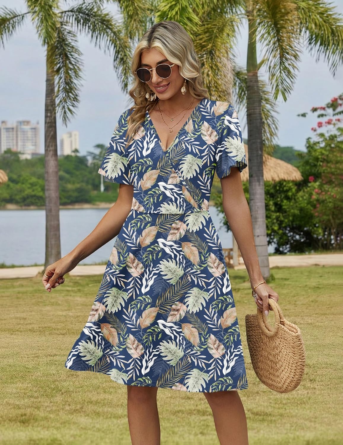image:imageZeagoo Womens Summer Dresses Wrap V Neck Dress Floral ALine Ruffle Sleeve Casual Sundress with Pockets 2026Leaf Floral