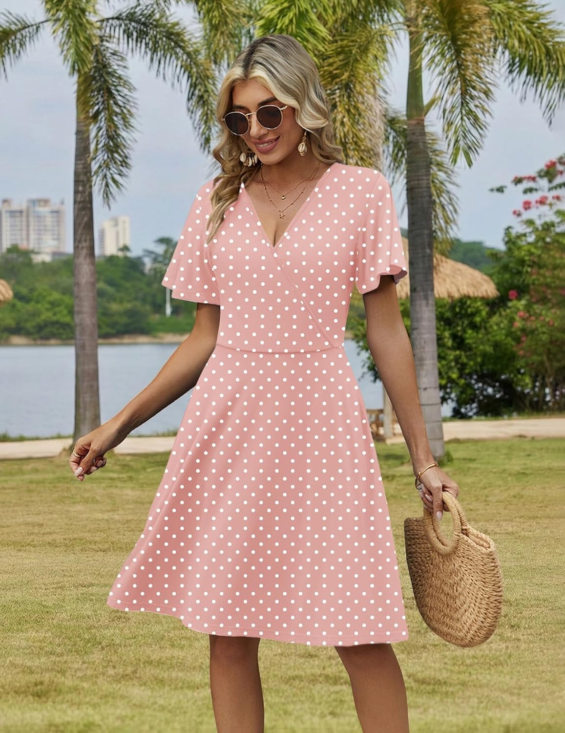 image:imageZeagoo Womens Summer Dresses Wrap V Neck Dress Floral ALine Ruffle Sleeve Casual Sundress with Pockets 2026Pink Floral