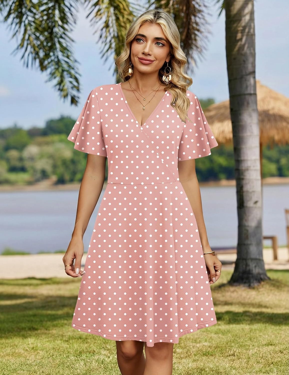 image:imageZeagoo Womens Summer Dresses Wrap V Neck Dress Floral ALine Ruffle Sleeve Casual Sundress with Pockets 2026Pink Floral