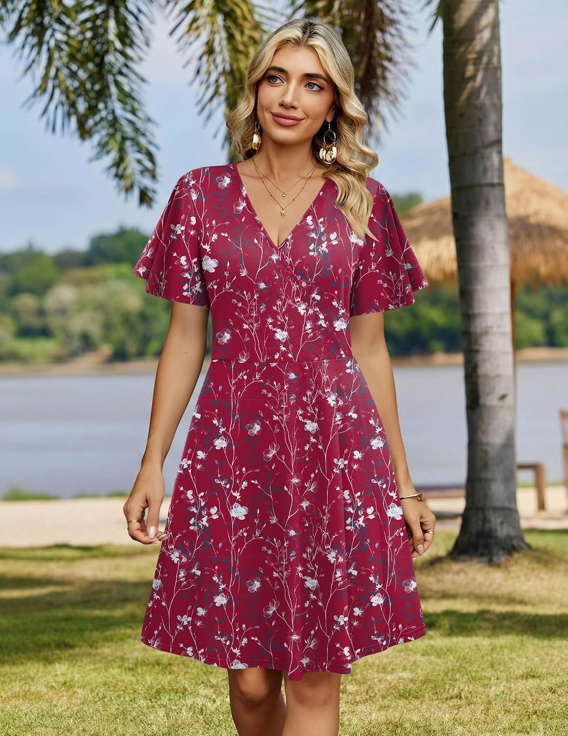 image:imageZeagoo Womens Summer Dresses Wrap V Neck Dress Floral ALine Ruffle Sleeve Casual Sundress with Pockets 2026Red Floral 2