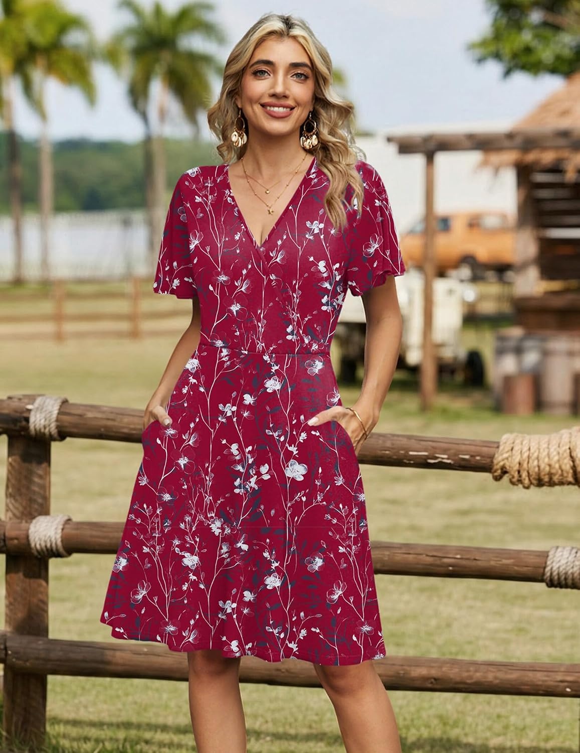 image:imageZeagoo Womens Summer Dresses Wrap V Neck Dress Floral ALine Ruffle Sleeve Casual Sundress with Pockets 2026Red Floral 2