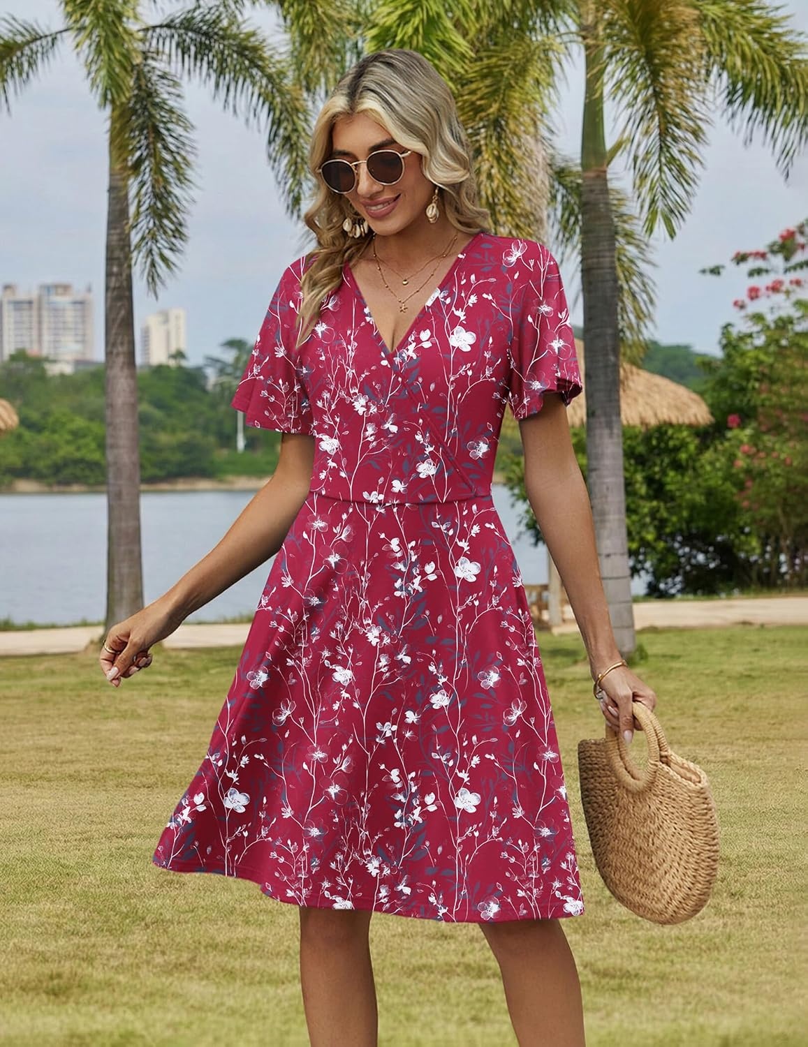 image:imageZeagoo Womens Summer Dresses Wrap V Neck Dress Floral ALine Ruffle Sleeve Casual Sundress with Pockets 2026Red Floral 2