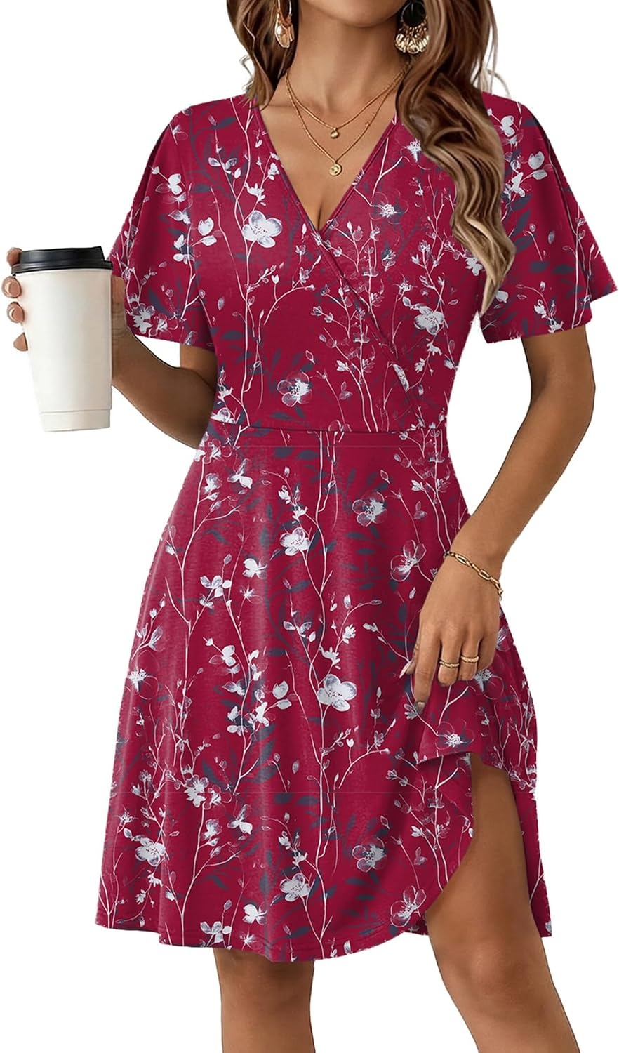 image:imageZeagoo Womens Summer Dresses Wrap V Neck Dress Floral ALine Ruffle Sleeve Casual Sundress with Pockets 2026Red Floral 2