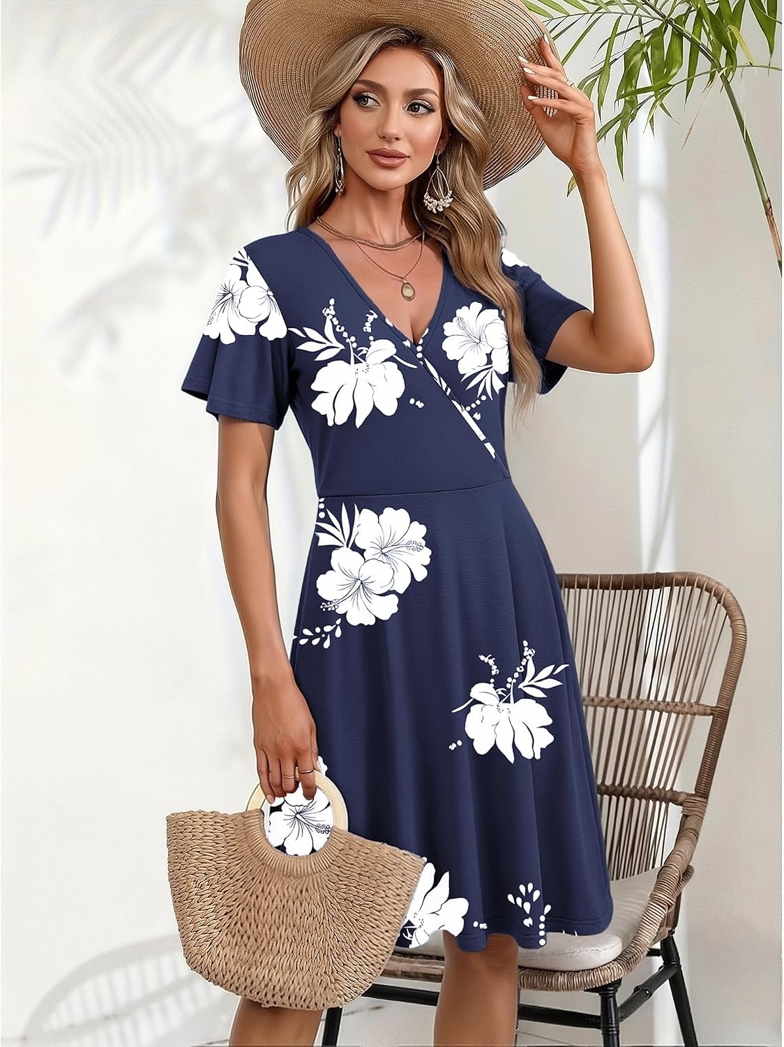 image:imageZeagoo Womens Summer Dresses Wrap V Neck Dress Floral ALine Ruffle Sleeve Casual Sundress with Pockets 2026Sf372