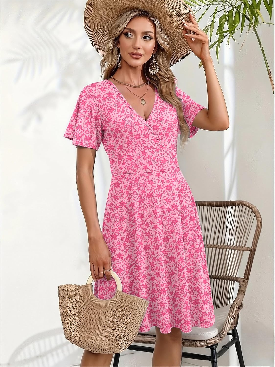 image:imageZeagoo Womens Summer Dresses Wrap V Neck Dress Floral ALine Ruffle Sleeve Casual Sundress with Pockets 2026Sf374