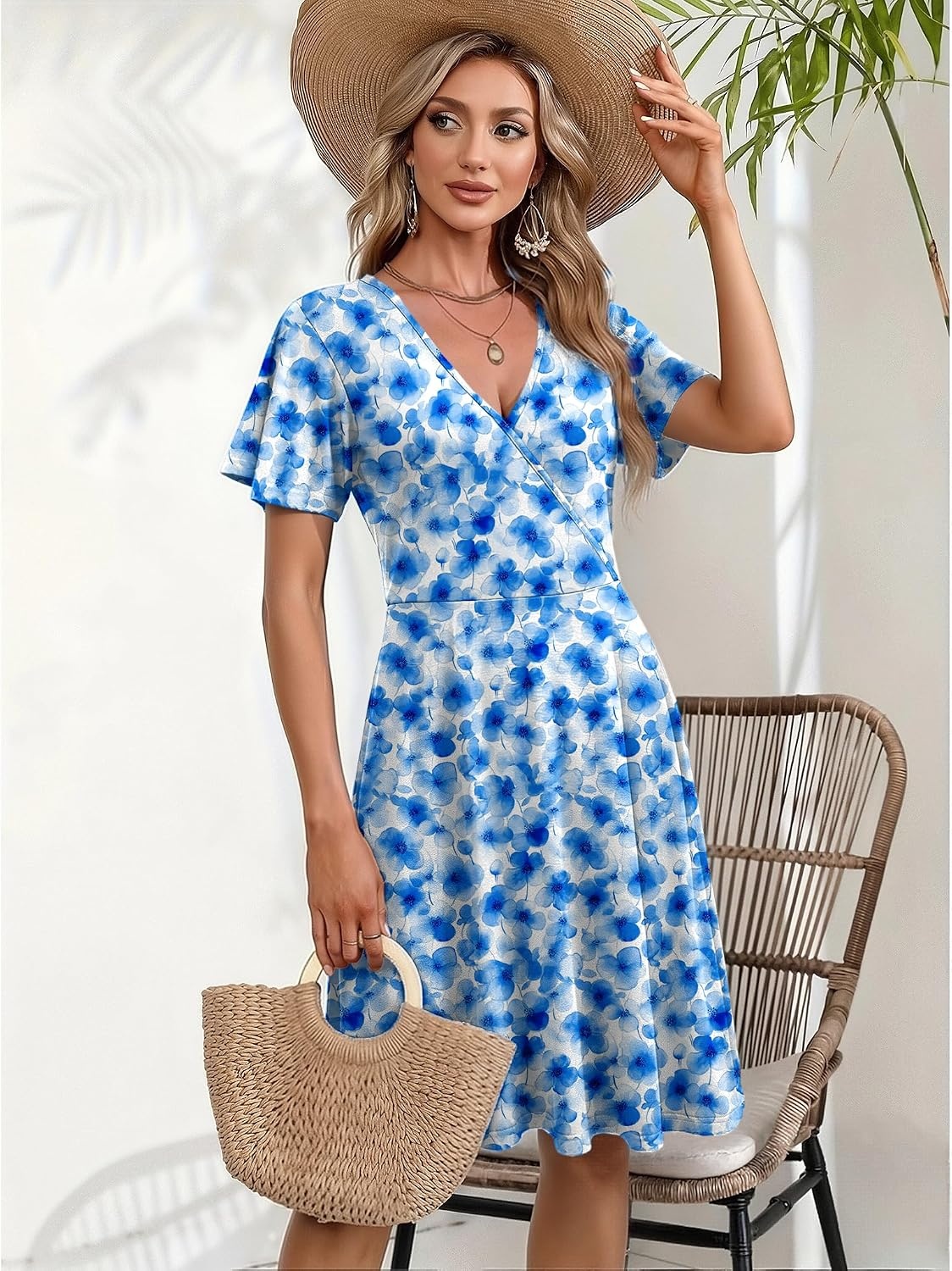 image:imageZeagoo Womens Summer Dresses Wrap V Neck Dress Floral ALine Ruffle Sleeve Casual Sundress with Pockets 2026Wf145